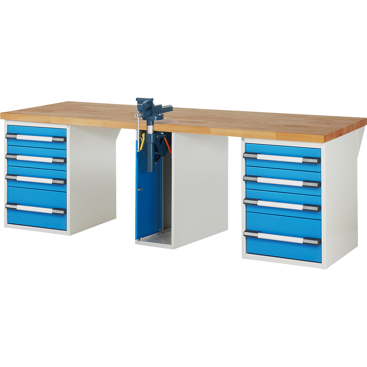 Bancada de trabalho, sistema modular série 7000 – eurokraft pro, 8 gavetas, 1 torno no meio, LxP 2500 x 900 mm-0