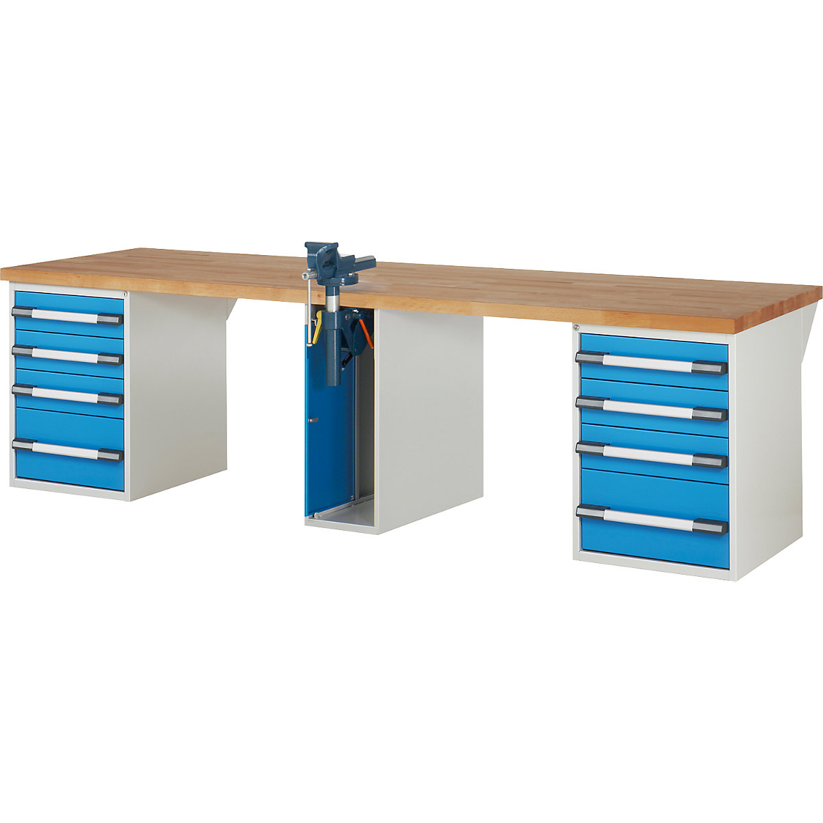 Bancada de trabalho, sistema modular série 7000 – eurokraft pro, 8 gavetas, 1 torno no meio, LxP 3000 x 900 mm-0