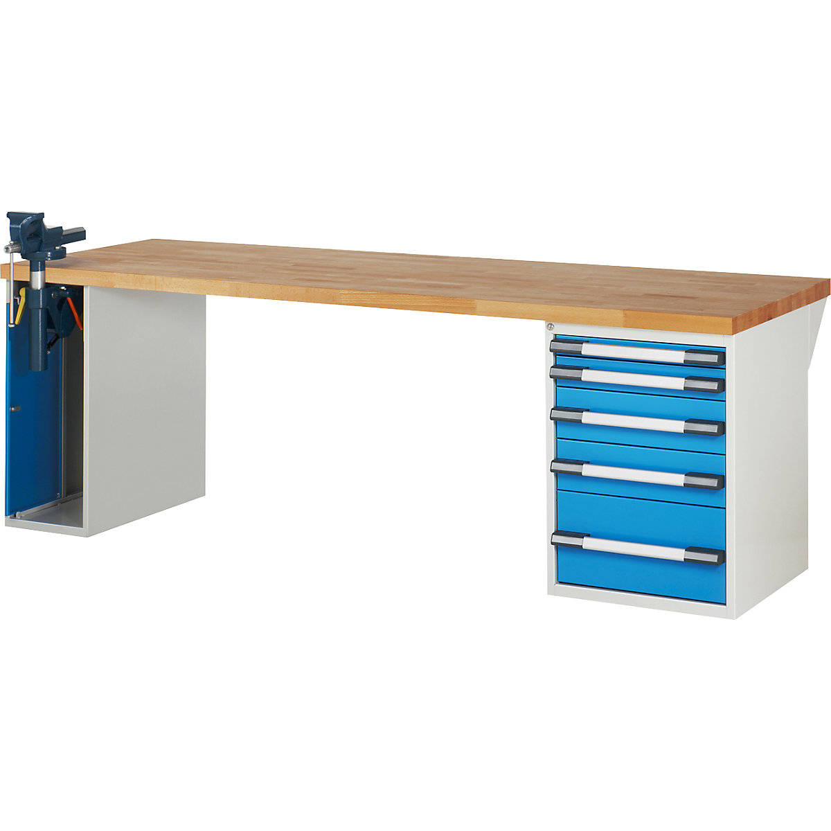 Bancada de trabalho, sistema modular série 7000 – eurokraft pro, 5 gavetas, 1 torno no lado esquerdo, LxP 2500 x 900 mm-0