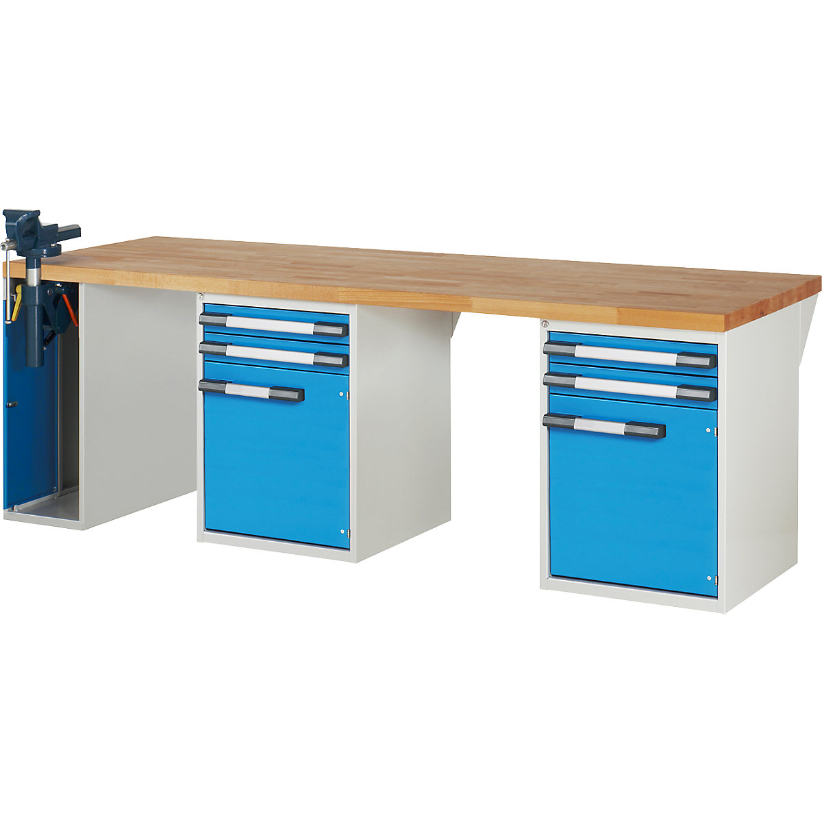 Bancada de trabalho, sistema modular série 7000 – eurokraft pro, 4 gavetas, 2 portas, 1 torno no lado esquerdo, LxP 2500 x 900 mm-0