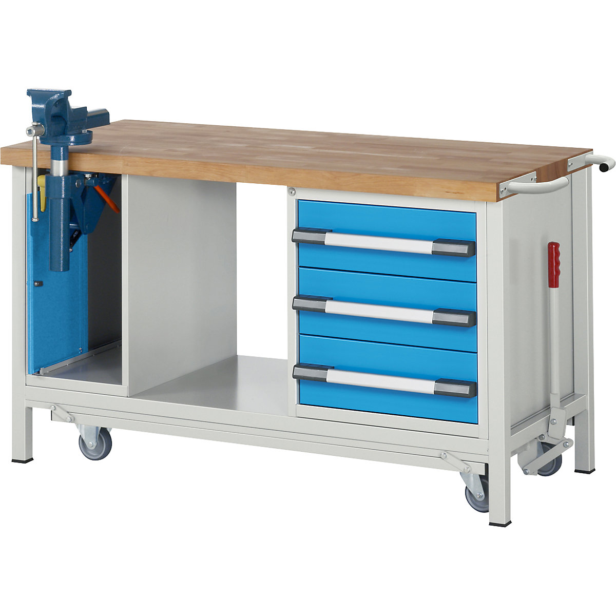 Bancada de trabalho móvel e rebaixável, estrutura modular série 8000 – eurokraft pro, 3 gavetas, elevador rebatível-torno, LxP 1500 x 700 mm-0