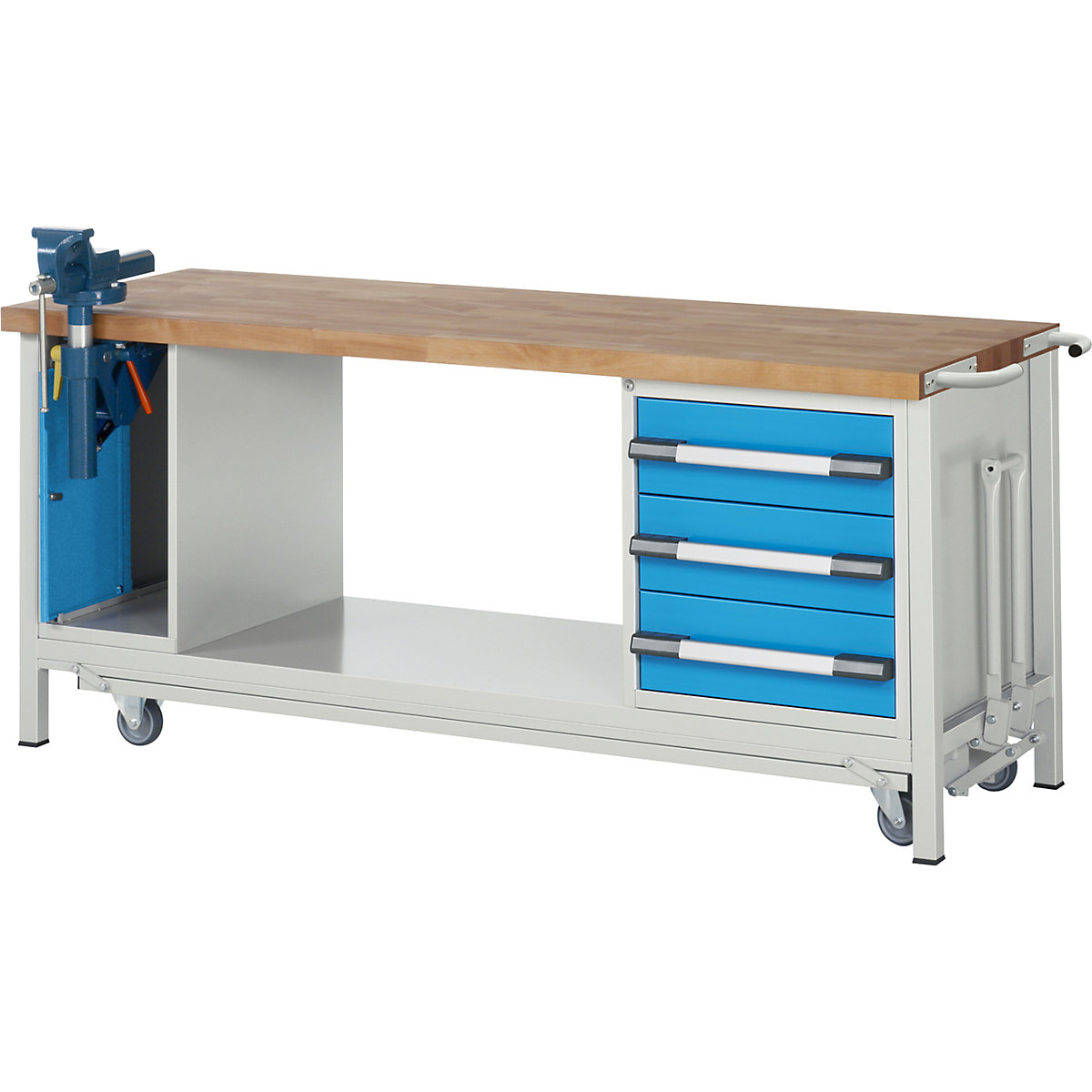 Bancada de trabalho móvel e rebaixável, estrutura modular série 8000 – eurokraft pro, 3 gavetas, elevador rebatível-torno, LxP 2000 x 700 mm-0