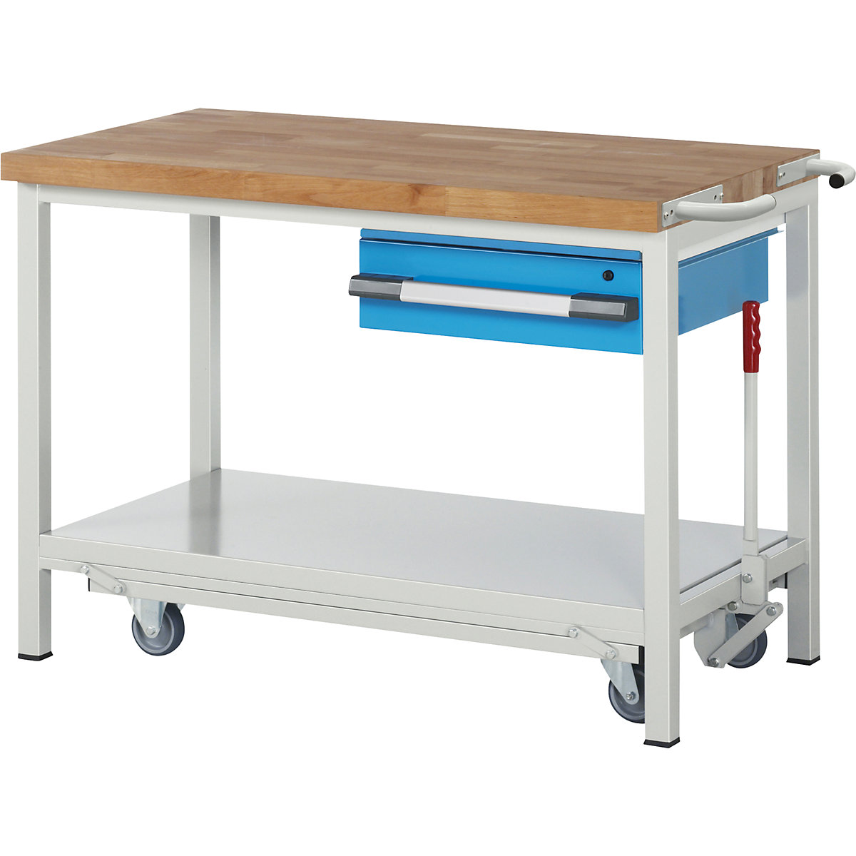 Bancada de trabalho móvel e rebaixável, estrutura modular série 8000 – eurokraft pro, 1 gaveta suspensa, prateleira, LxP 1250 x 700 mm-0