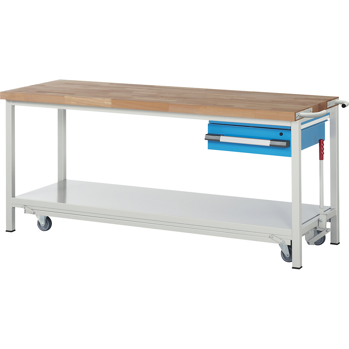 Bancada de trabalho móvel e rebaixável, estrutura modular série 8000 – eurokraft pro, 1 gaveta suspensa, prateleira, LxP 2000 x 700 mm-0