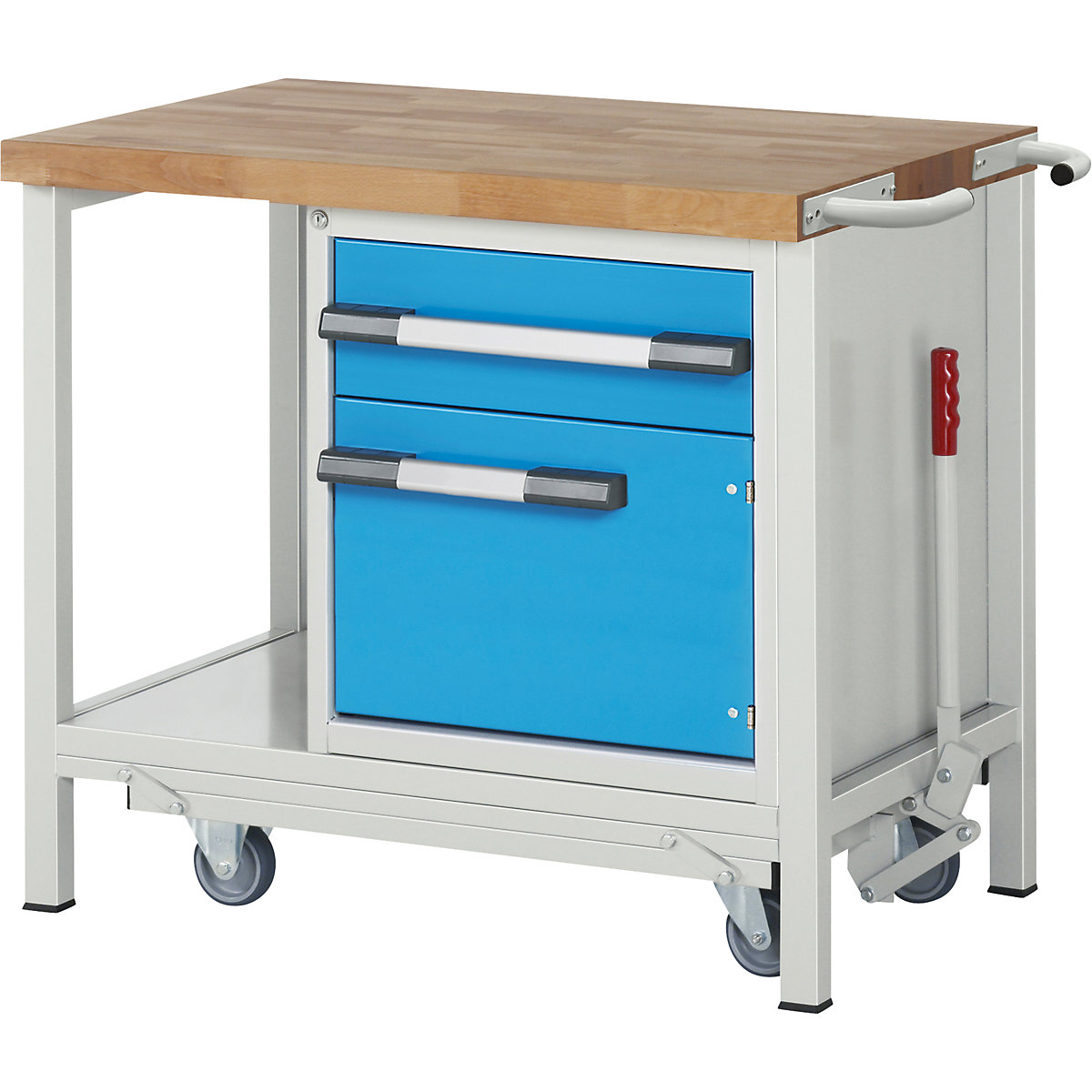 Bancada de trabalho móvel e rebaixável, estrutura modular série 8000 – eurokraft pro, 1 gaveta, 1 porta, prateleira, LxP 1000 x 700 mm-0
