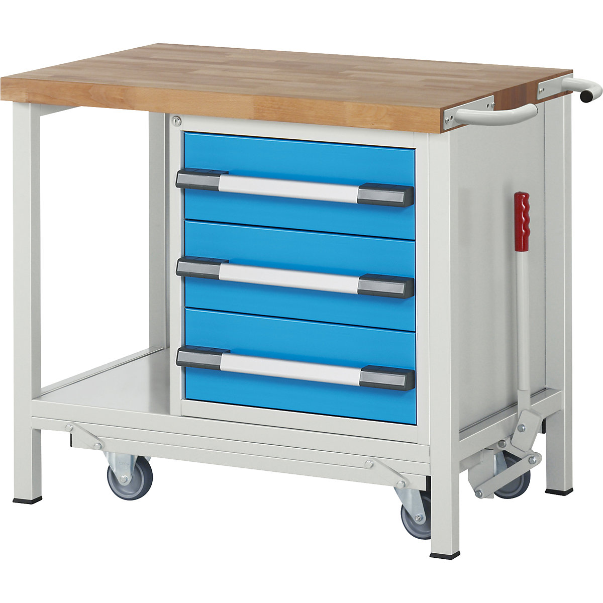 Bancada de trabalho móvel e rebaixável, estrutura modular série 8000 – eurokraft pro, 3 gavetas, prateleira, LxP 1000 x 700 mm-0