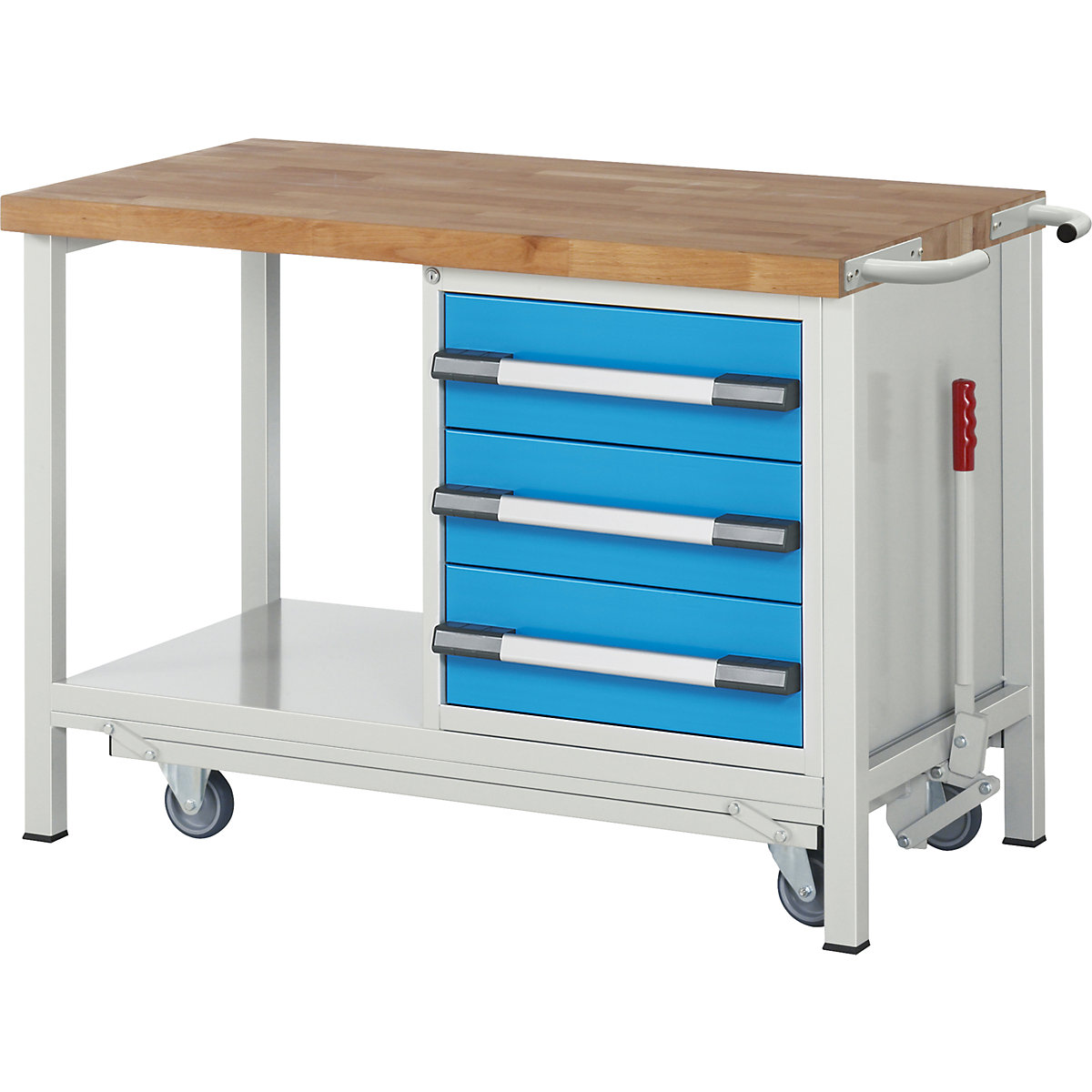 Bancada de trabalho móvel e rebaixável, estrutura modular série 8000 – eurokraft pro, 3 gavetas, prateleira, LxP 1250 x 700 mm-0