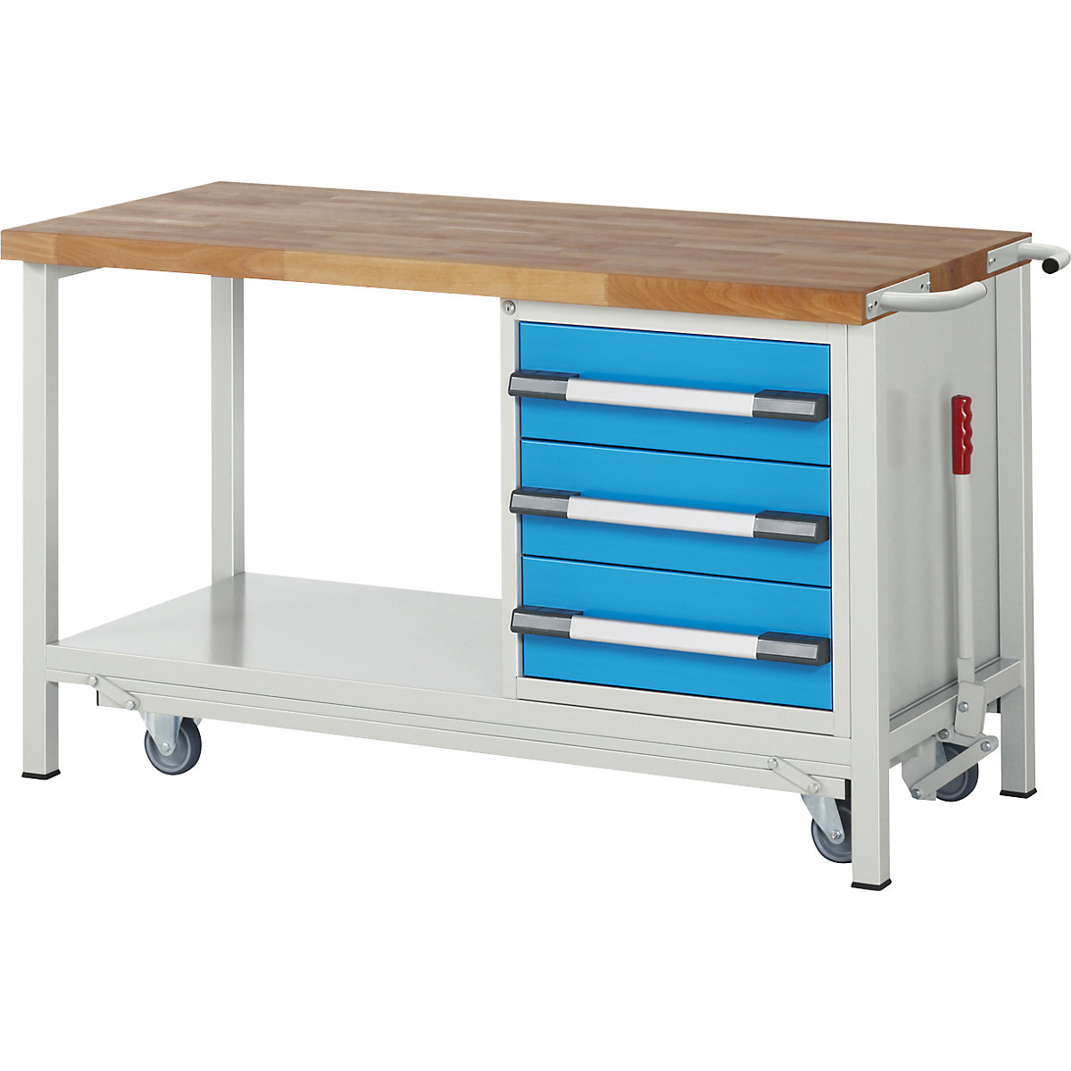 Bancada de trabalho móvel e rebaixável, estrutura modular série 8000 – eurokraft pro, 3 gavetas, prateleira, LxP 1500 x 700 mm-0
