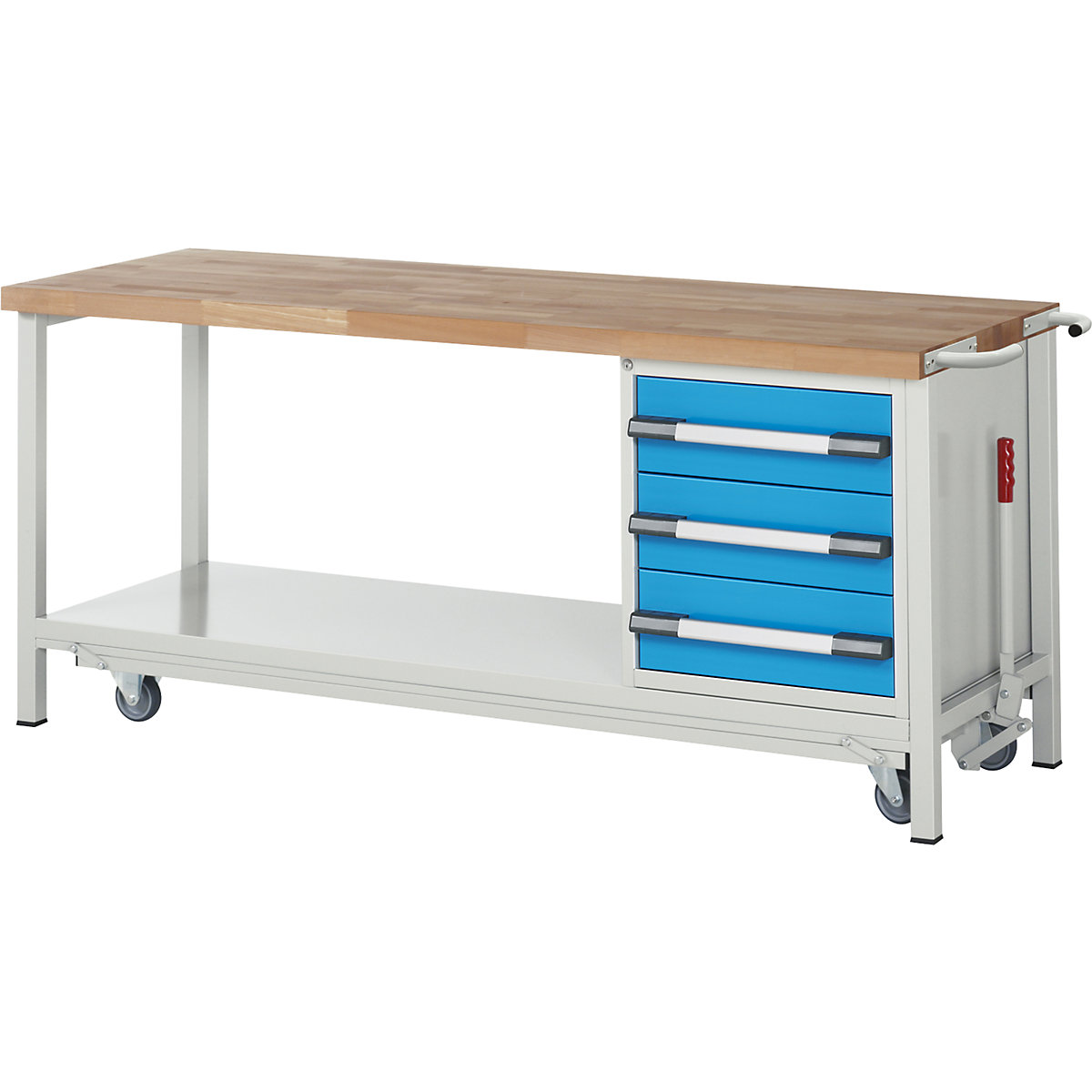 Bancada de trabalho móvel e rebaixável, estrutura modular série 8000 – eurokraft pro, 3 gavetas, prateleira, LxP 2000 x 700 mm-0