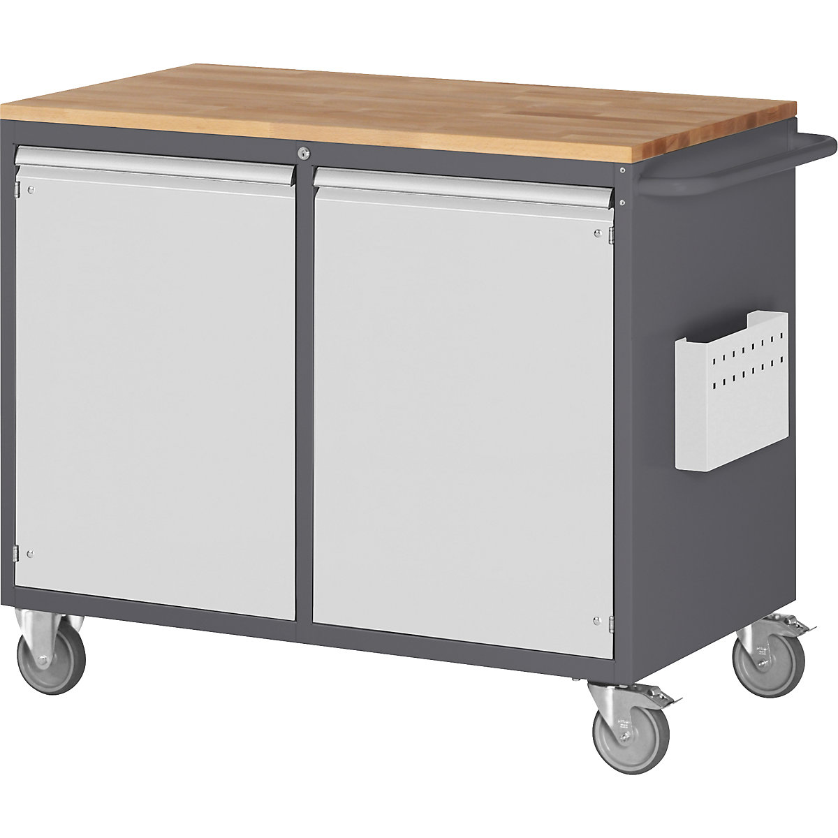 Bancadas de trabalho compactas, móveis – RAU, 2 portas, superfície de trabalho em madeira, antracite / cinzento claro-0