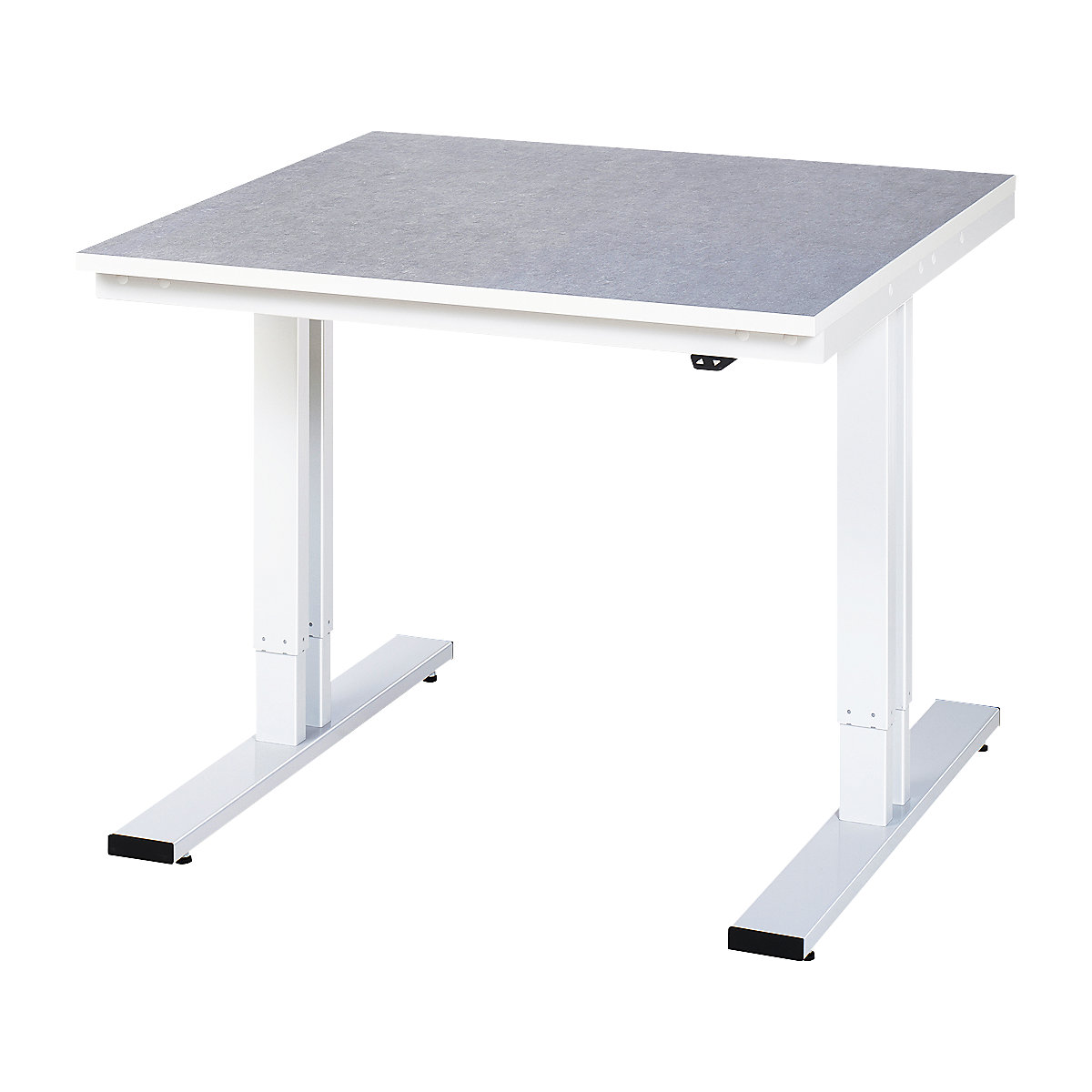 Mesa de trabalho com regulação elétrica da altura – capacidade de carga 300 kg – RAU, altura 720 – 1120 mm, revestimento em linóleo, LxP 1000 x 1000 mm-0