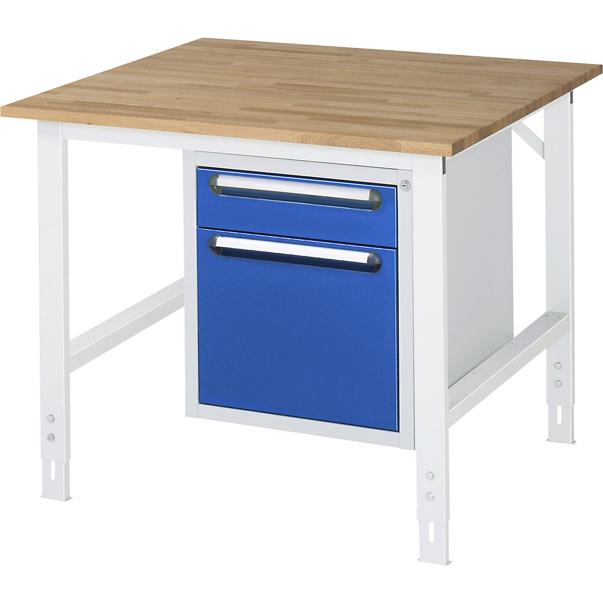 Mesa de trabalho com armário de gavetas, bloco de gavetas inferior com 2 gavetas 1 x 120, 1 x 360 mm, LxP 1000 x 1000 mm, tampo de madeira maciça em faia, espessura 25 mm-0