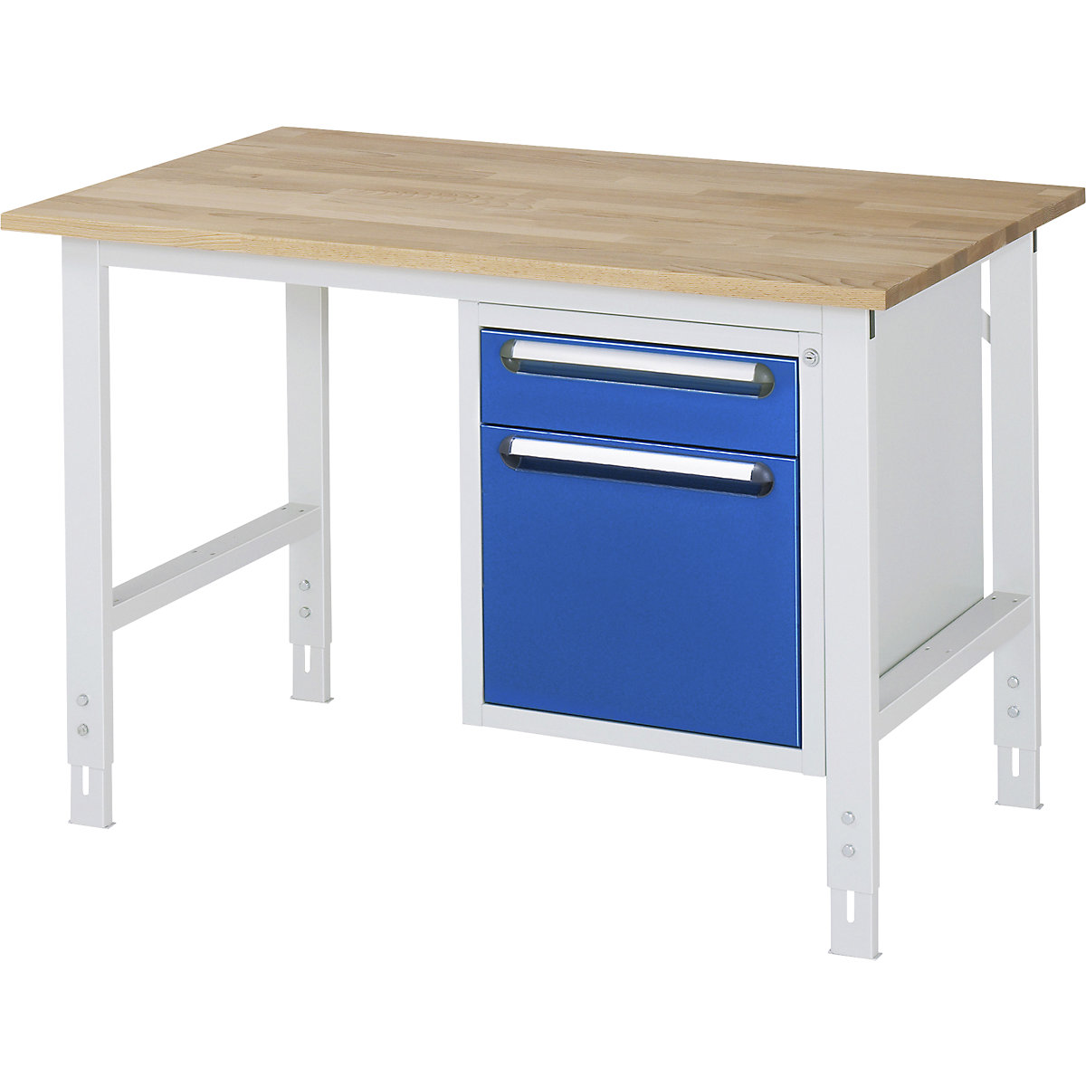 Mesa de trabalho com armário de gavetas, bloco de gavetas inferior com 2 gavetas 1 x 120, 1 x 360 mm, LxP 1250 x 800 mm, tampo de madeira maciça em faia, espessura 25 mm-0