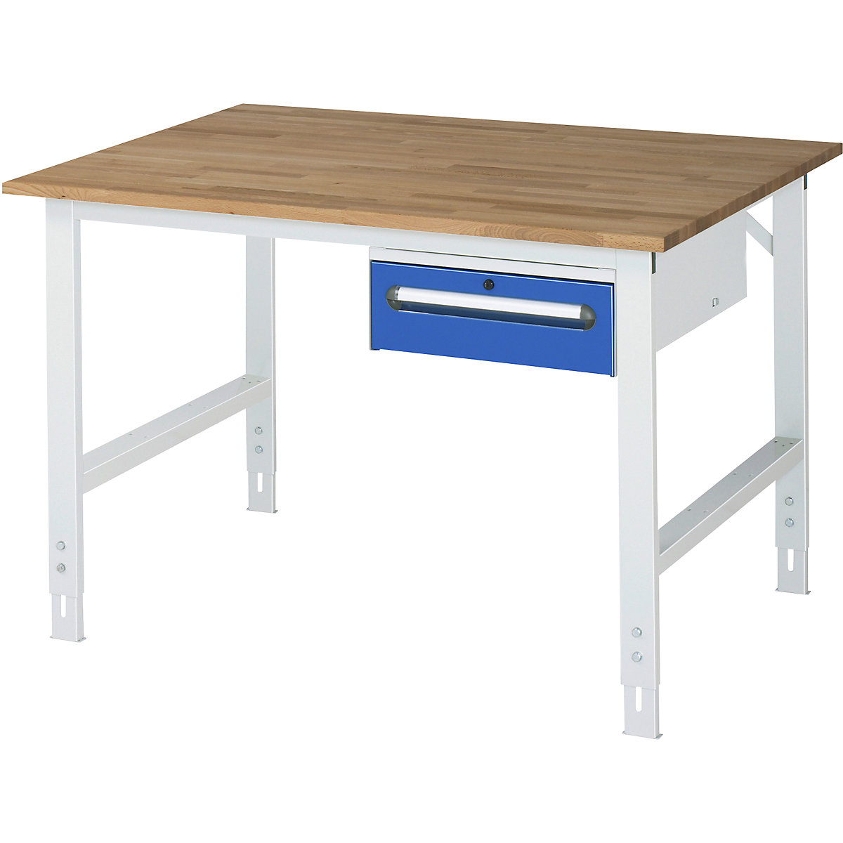 Mesa de trabalho com armário de gavetas, bloco de gavetas inferior com 1 gaveta de 150 mm, LxP 1250 x 1000 mm, tampo de madeira maciça em faia, espessura 25 mm-0