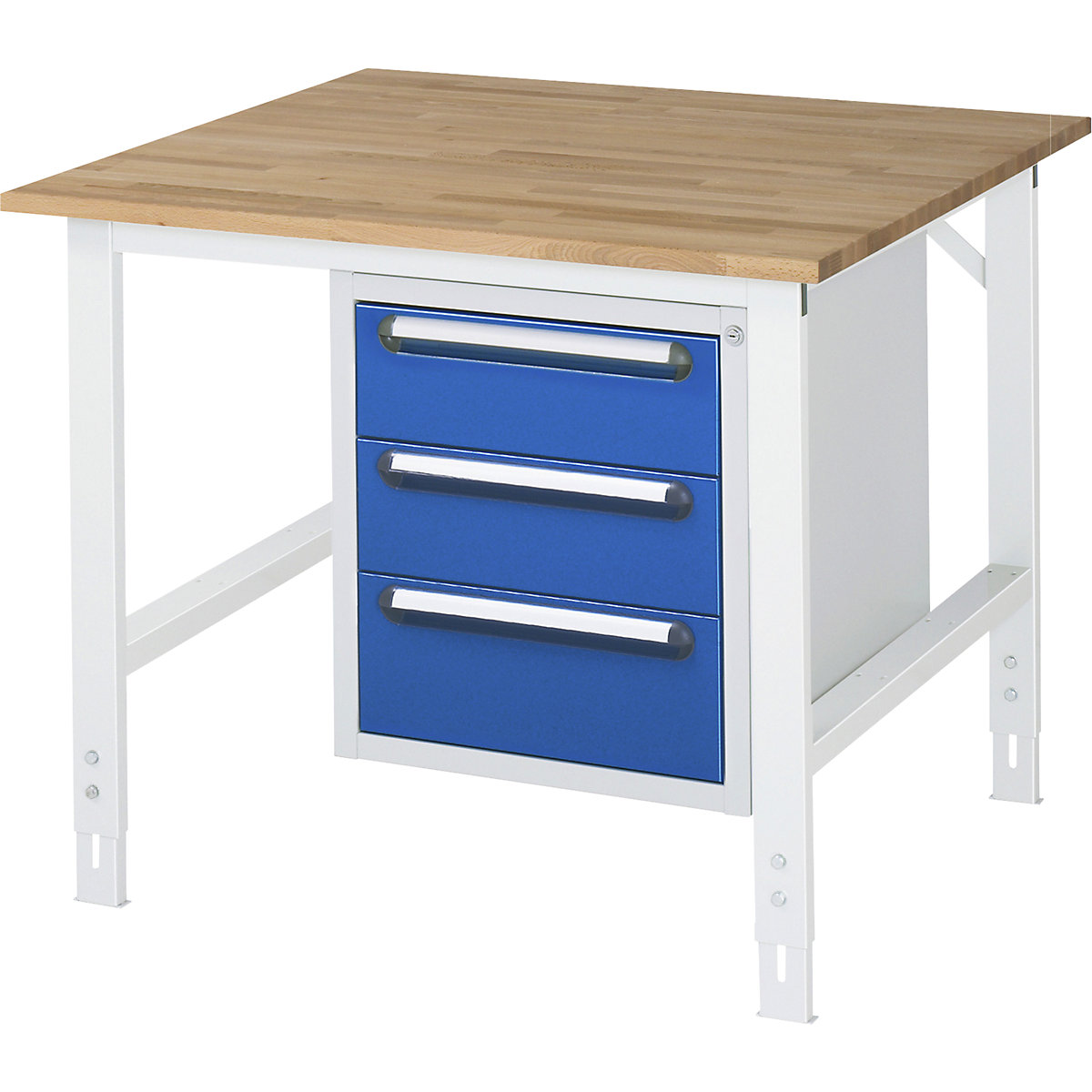 Mesa de trabalho com armário de gavetas, bloco de gavetas inferior com 3 gavetas 2 x 150, 1 x 180 mm, LxP 1000 x 1000 mm, tampo de madeira maciça em faia, espessura 25 mm-0