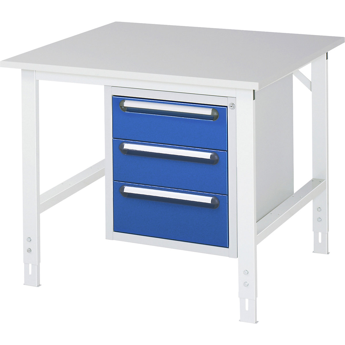 Mesa de trabalho com armário de gavetas, bloco de gavetas inferior com 3 gavetas 2 x 150, 1 x 180 mm, LxP 1000 x 1000 mm, tampo em melamina, espessura 22 mm-0