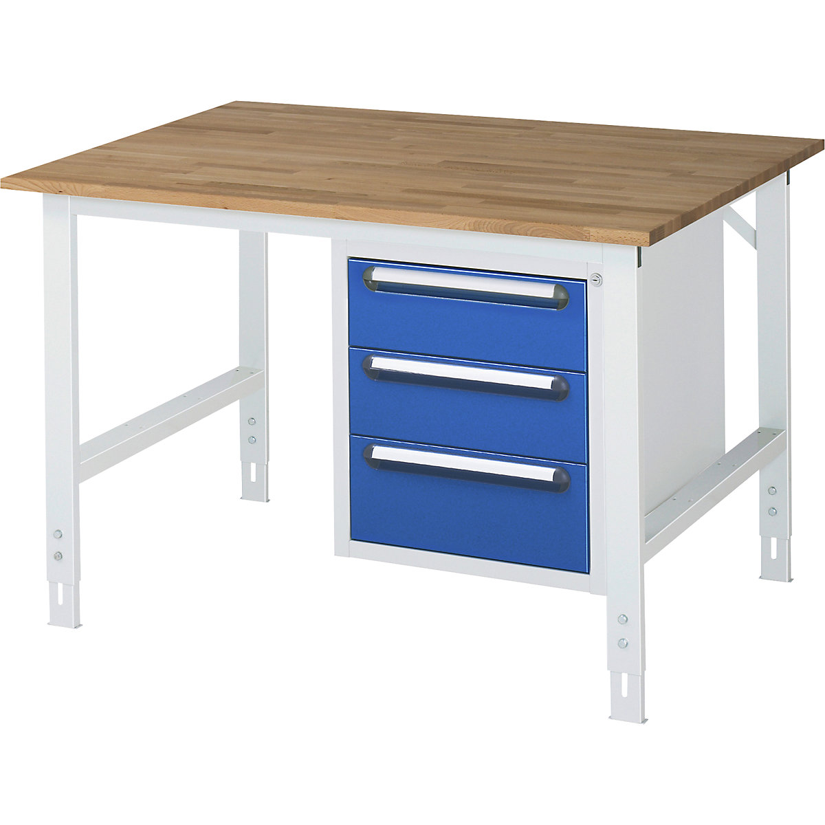 Mesa de trabalho com armário de gavetas, bloco de gavetas inferior com 3 gavetas 2 x 150, 1 x 180 mm, LxP 1250 x 1000 mm, tampo de madeira maciça em faia, espessura 25 mm-0
