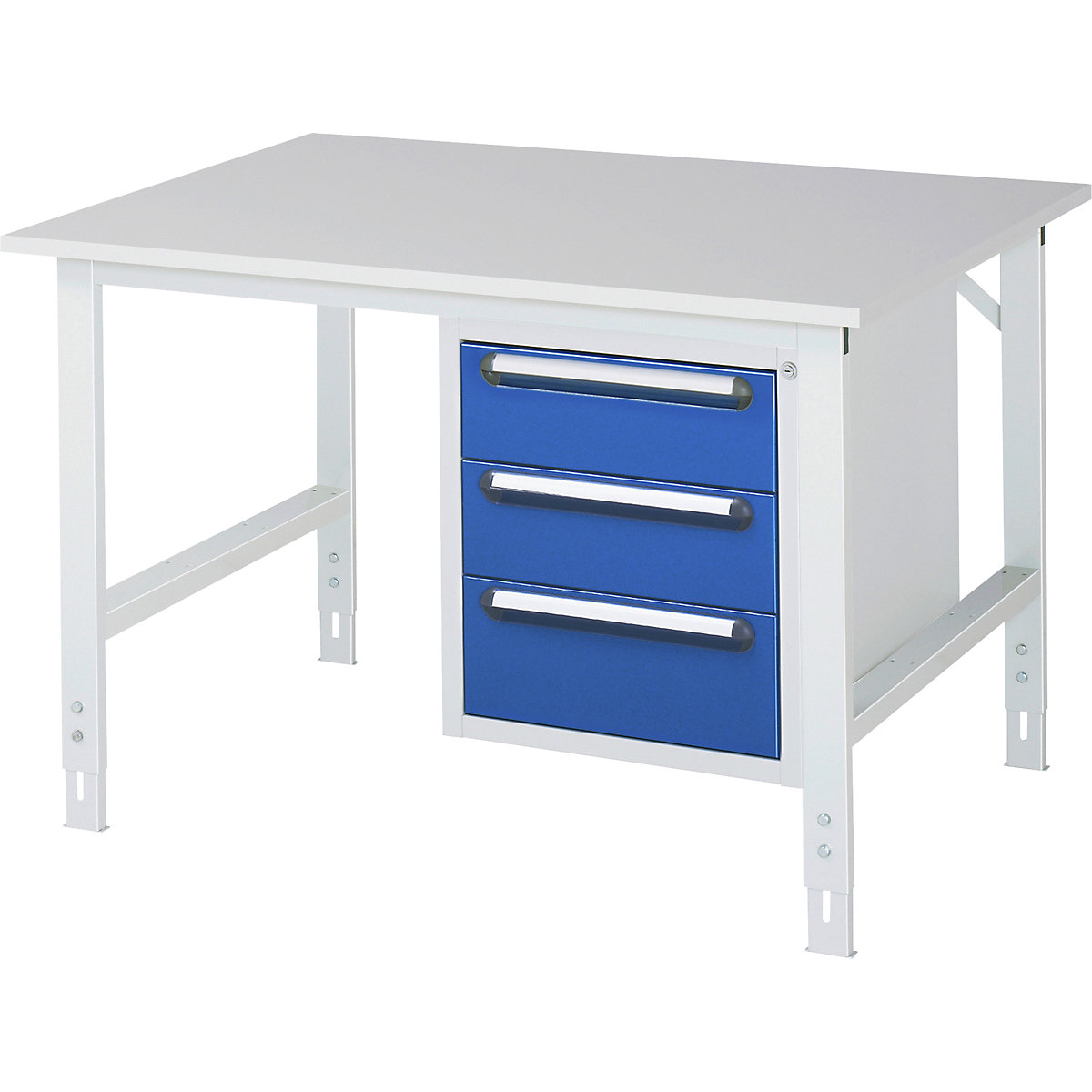 Mesa de trabalho com armário de gavetas, bloco de gavetas inferior com 3 gavetas 2 x 150, 1 x 180 mm, LxP 1250 x 1000 mm, tampo em melamina, espessura 22 mm-0