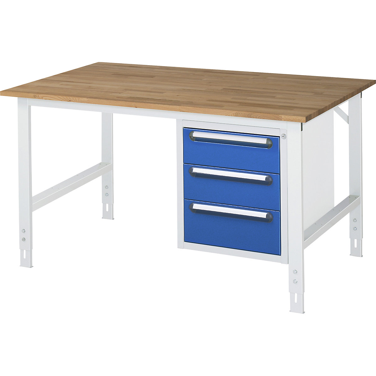 Mesa de trabalho com armário de gavetas, bloco de gavetas inferior com 3 gavetas 2 x 150, 1 x 180 mm, LxP 1500 x 1000 mm, tampo de madeira maciça em faia, espessura 25 mm-0