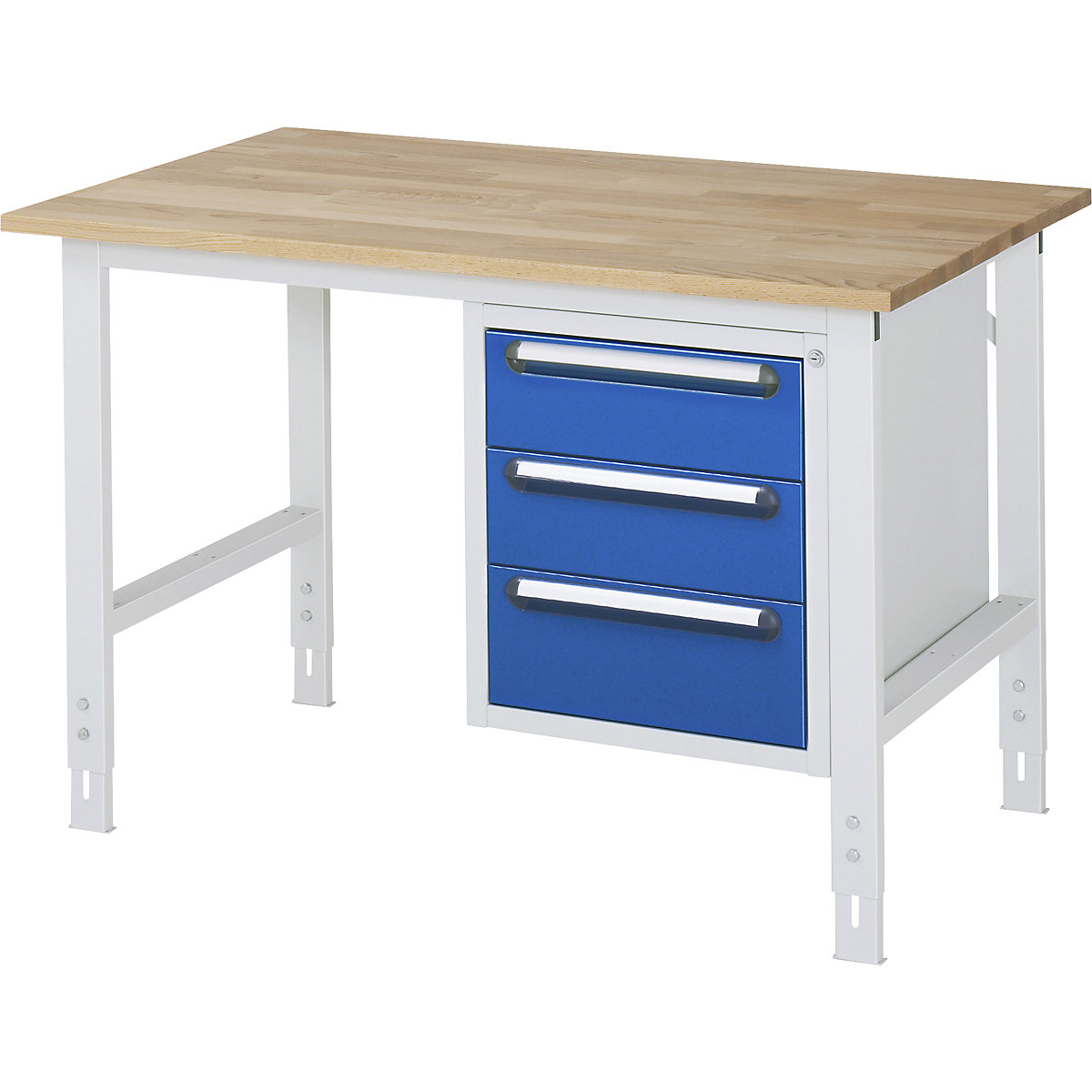 Mesa de trabalho com armário de gavetas, bloco de gavetas inferior com 3 gavetas 2 x 150, 1 x 180 mm, LxP 1250 x 800 mm, tampo de madeira maciça em faia, espessura 25 mm-0
