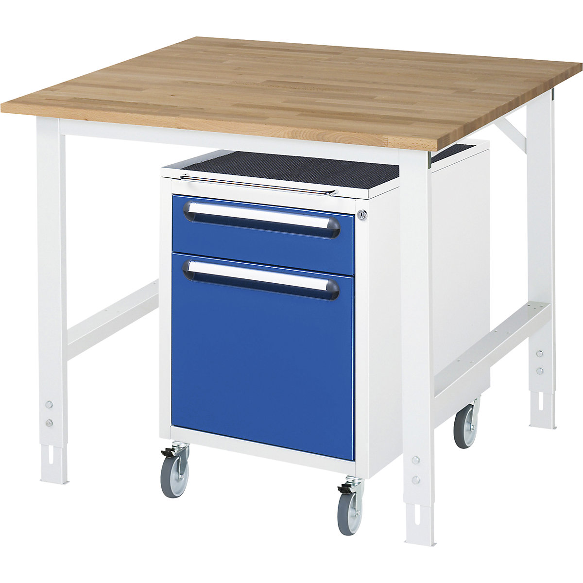 Mesa de trabalho com armário de gavetas, bloco de gavetas rolante com 2 gavetas 1 x 120, 1 x 360 mm, LxP 1000 x 1000 mm, tampo de madeira maciça em faia, espessura 25 mm-0