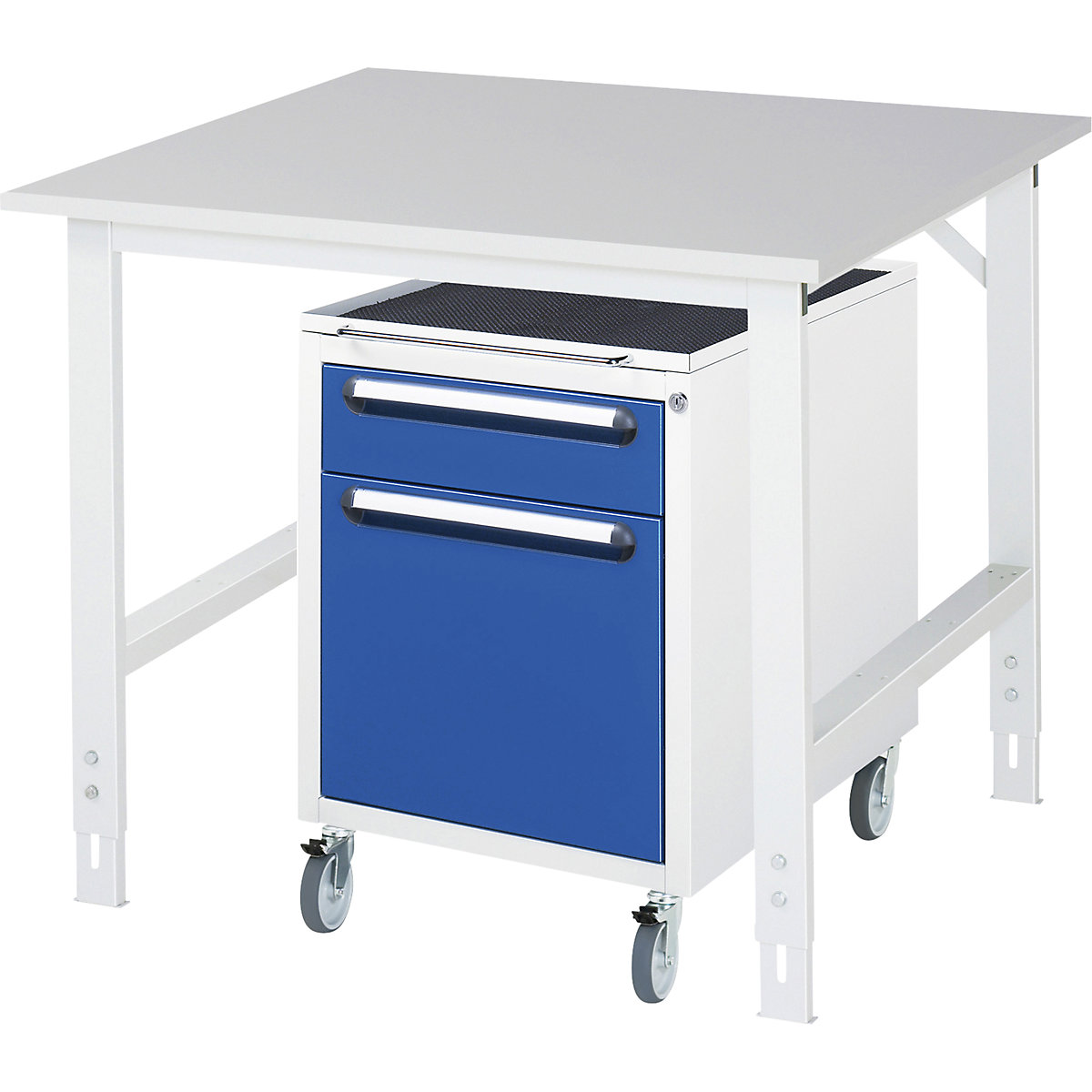 Mesa de trabalho com armário de gavetas, bloco de gavetas rolante com 2 gavetas 1 x 120, 1 x 360 mm, LxP 1000 x 1000 mm, tampo em melamina, espessura 22 mm-0