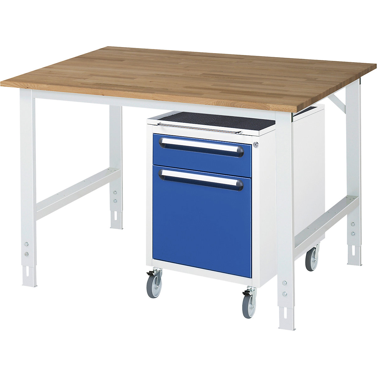 Mesa de trabalho com armário de gavetas, bloco de gavetas rolante com 2 gavetas 1 x 120, 1 x 360 mm, LxP 1250 x 1000 mm, tampo de madeira maciça em faia, espessura 25 mm-0