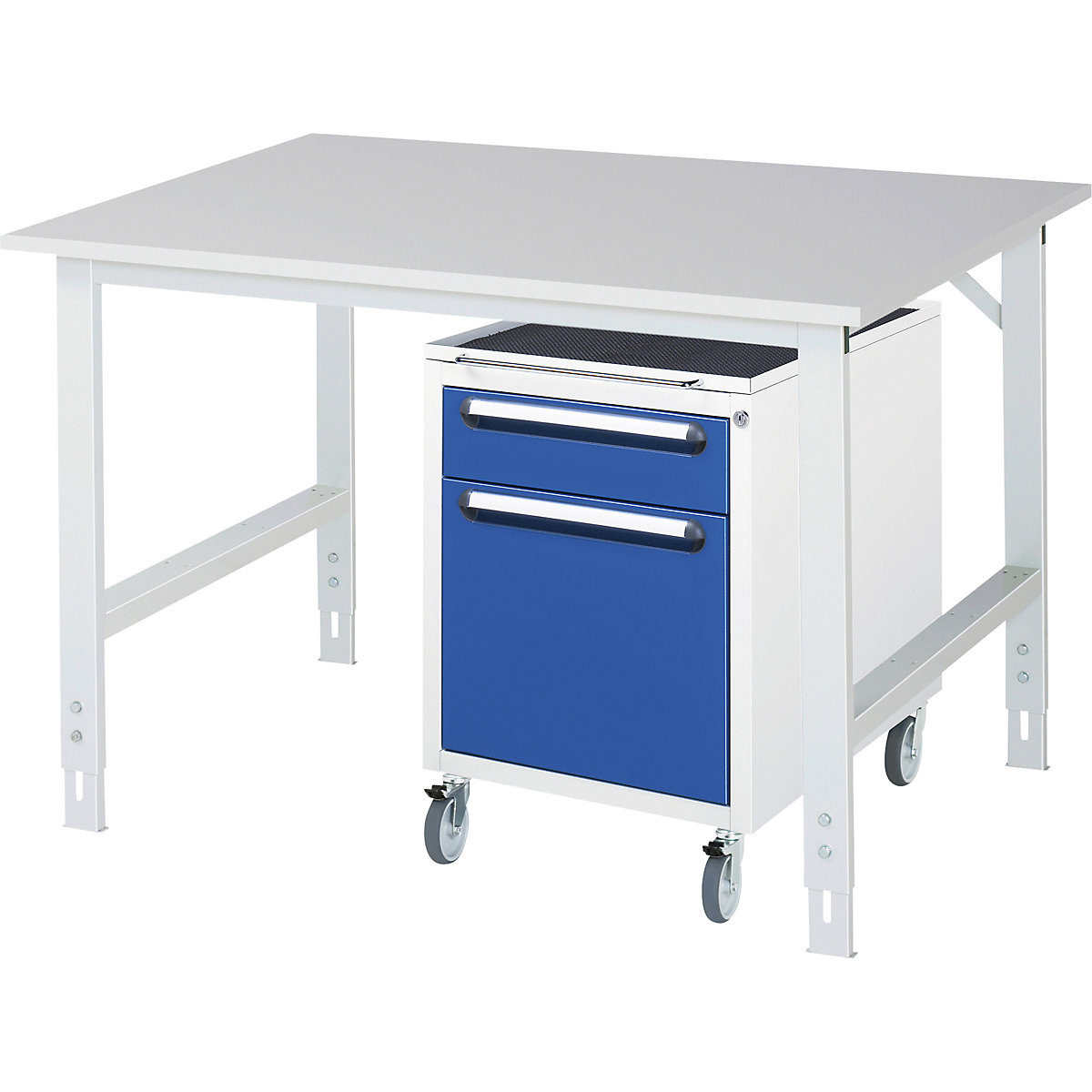 Mesa de trabalho com armário de gavetas, bloco de gavetas rolante com 2 gavetas 1 x 120, 1 x 360 mm, LxP 1250 x 1000 mm, tampo em melamina, espessura 22 mm-0