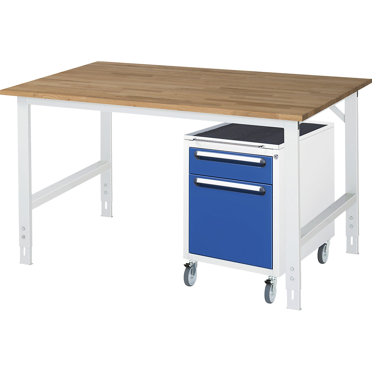 Mesa de trabalho com armário de gavetas, bloco de gavetas rolante com 2 gavetas 1 x 120, 1 x 360 mm, LxP 1500 x 1000 mm, tampo de madeira maciça em faia, espessura 25 mm-0