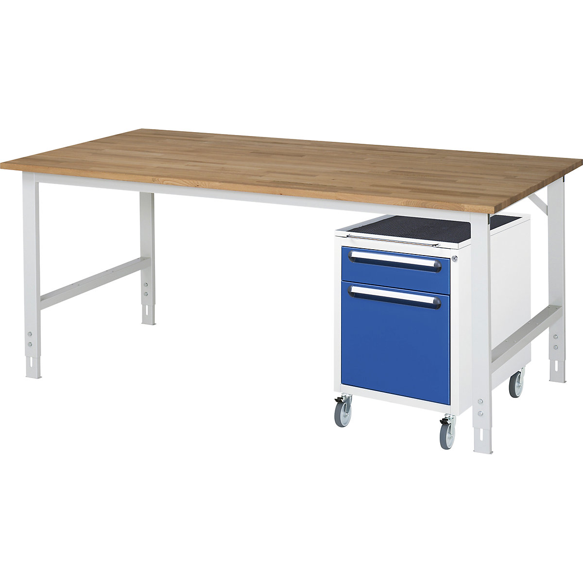 Mesa de trabalho com armário de gavetas, bloco de gavetas rolante com 2 gavetas 1 x 120, 1 x 360 mm, LxP 2000 x 1000 mm, tampo de madeira maciça em faia, espessura 25 mm-0