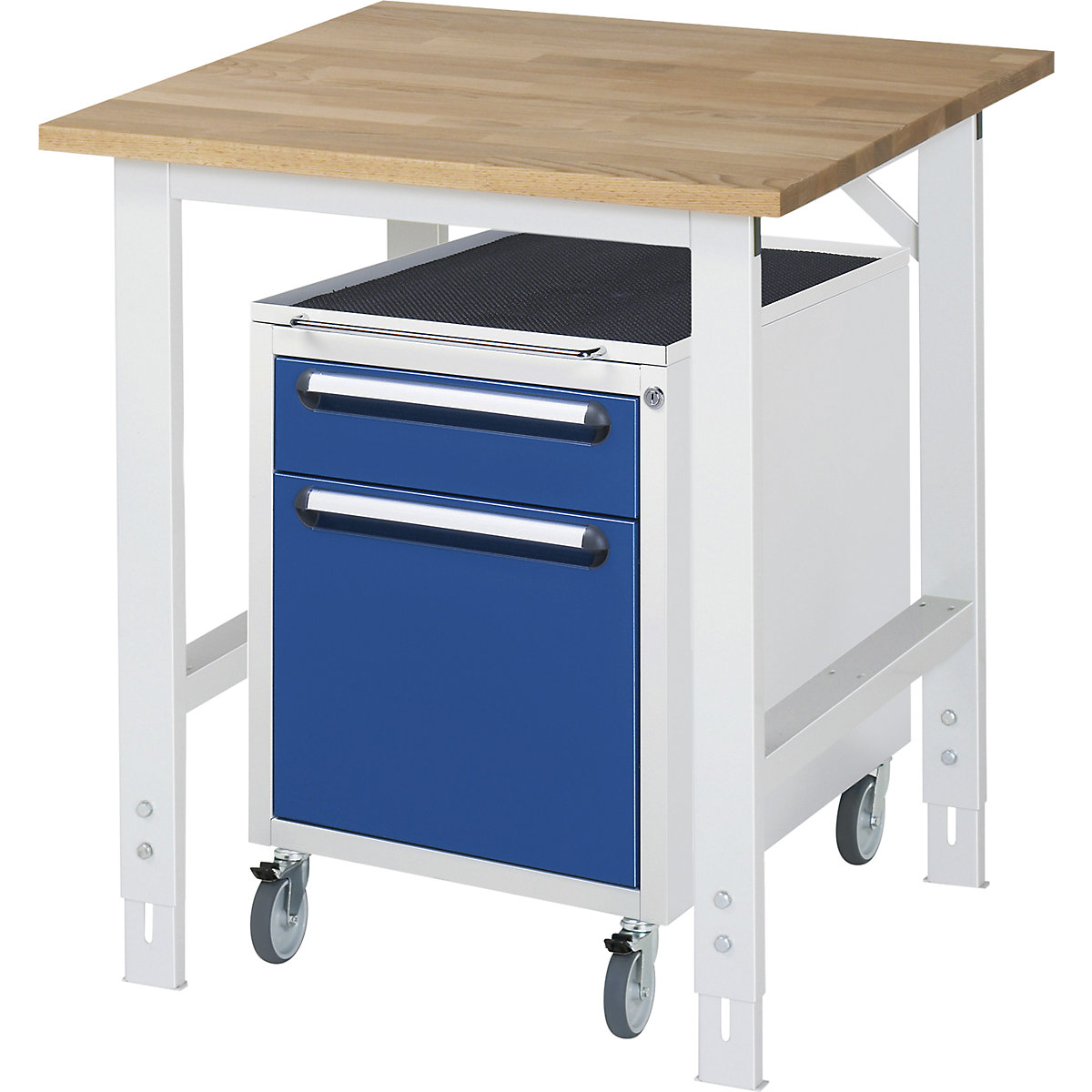 Mesa de trabalho com armário de gavetas, bloco de gavetas rolante com 2 gavetas 1 x 120, 1 x 360 mm, LxP 750 x 800 mm, tampo de madeira maciça em faia, espessura 25 mm-0
