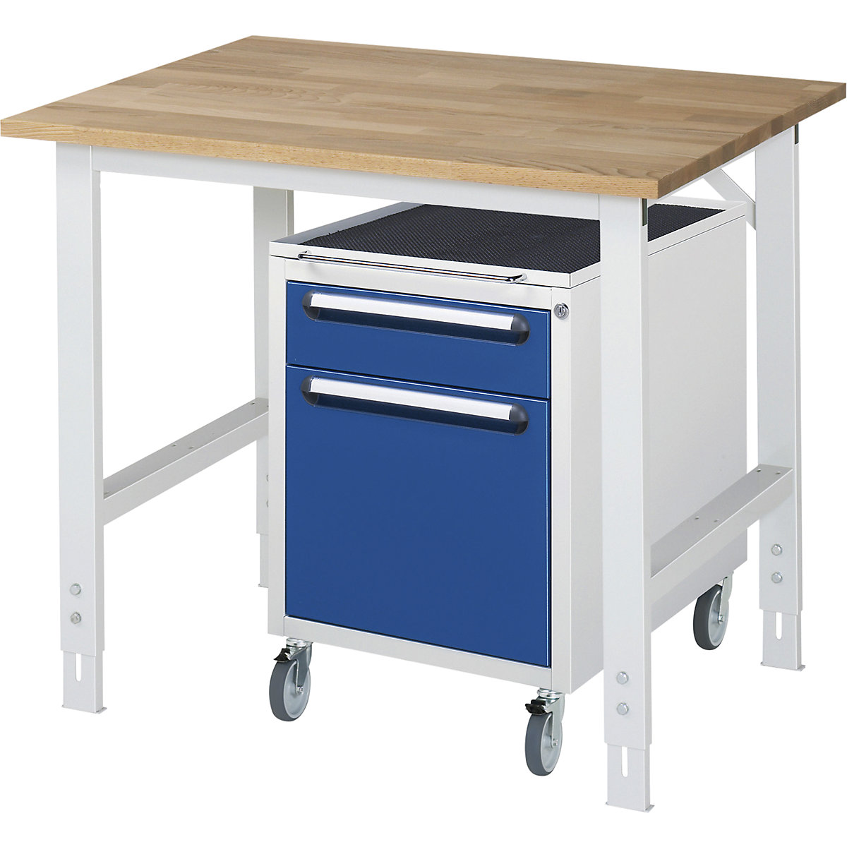 Mesa de trabalho com armário de gavetas, bloco de gavetas rolante com 2 gavetas 1 x 120, 1 x 360 mm, LxP 1000 x 800 mm, tampo de madeira maciça em faia, espessura 25 mm-0