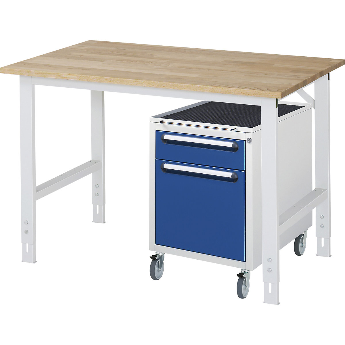 Mesa de trabalho com armário de gavetas, bloco de gavetas rolante com 2 gavetas 1 x 120, 1 x 360 mm, LxP 1250 x 800 mm, tampo de madeira maciça em faia, espessura 25 mm-0
