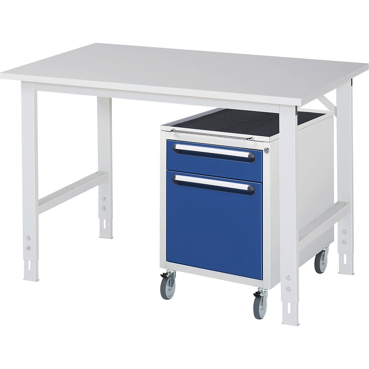 Mesa de trabalho com armário de gavetas, bloco de gavetas rolante com 2 gavetas 1 x 120, 1 x 360 mm, LxP 1250 x 800 mm, tampo em melamina, espessura 22 mm-0