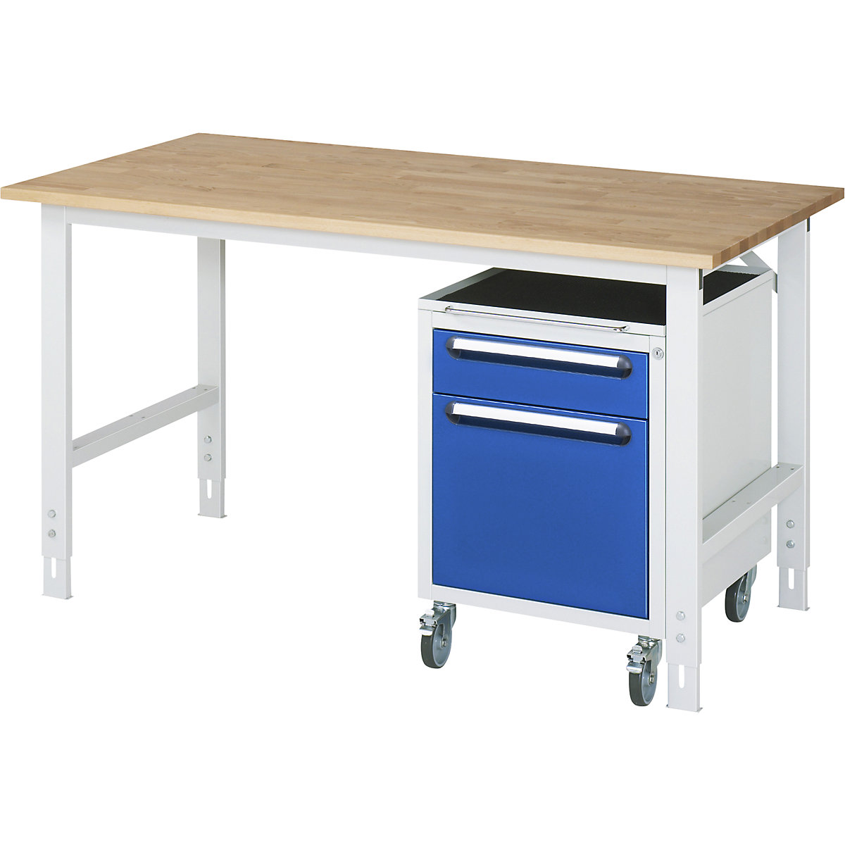Mesa de trabalho com armário de gavetas, bloco de gavetas rolante com 2 gavetas 1 x 120, 1 x 360 mm, LxP 1500 x 800 mm, tampo de madeira maciça em faia, espessura 25 mm-0