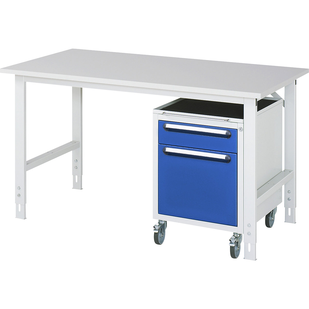 Mesa de trabalho com armário de gavetas, bloco de gavetas rolante com 2 gavetas 1 x 120, 1 x 360 mm, LxP 1500 x 800 mm, tampo em melamina, espessura 22 mm-0