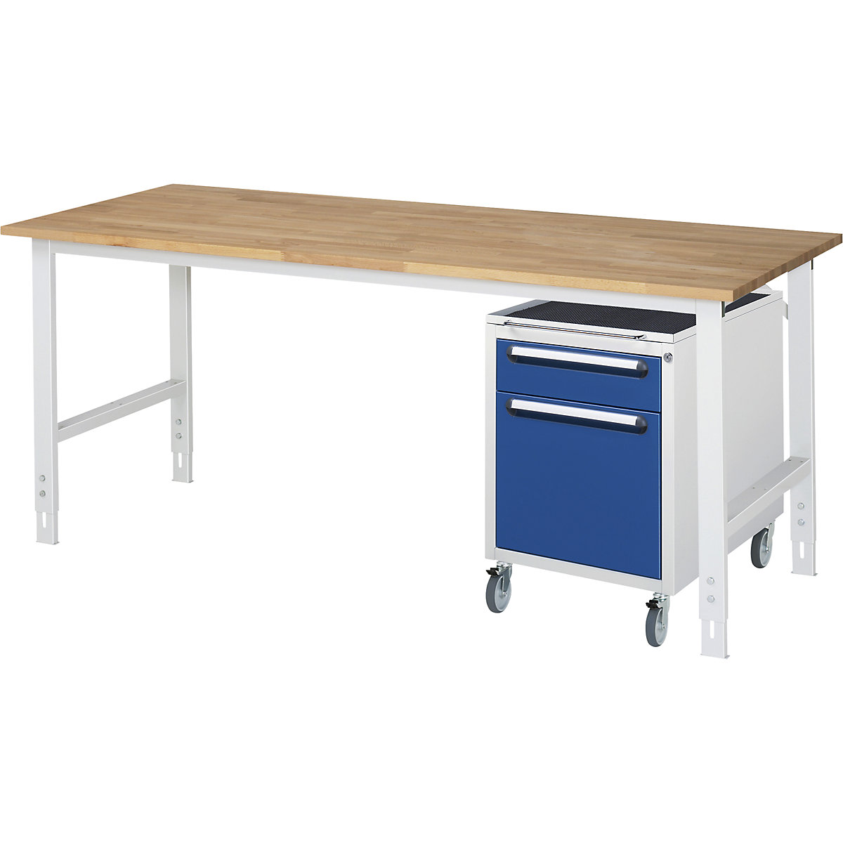 Mesa de trabalho com armário de gavetas, bloco de gavetas rolante com 2 gavetas 1 x 120, 1 x 360 mm, LxP 2000 x 800 mm, tampo de madeira maciça em faia, espessura 25 mm-0