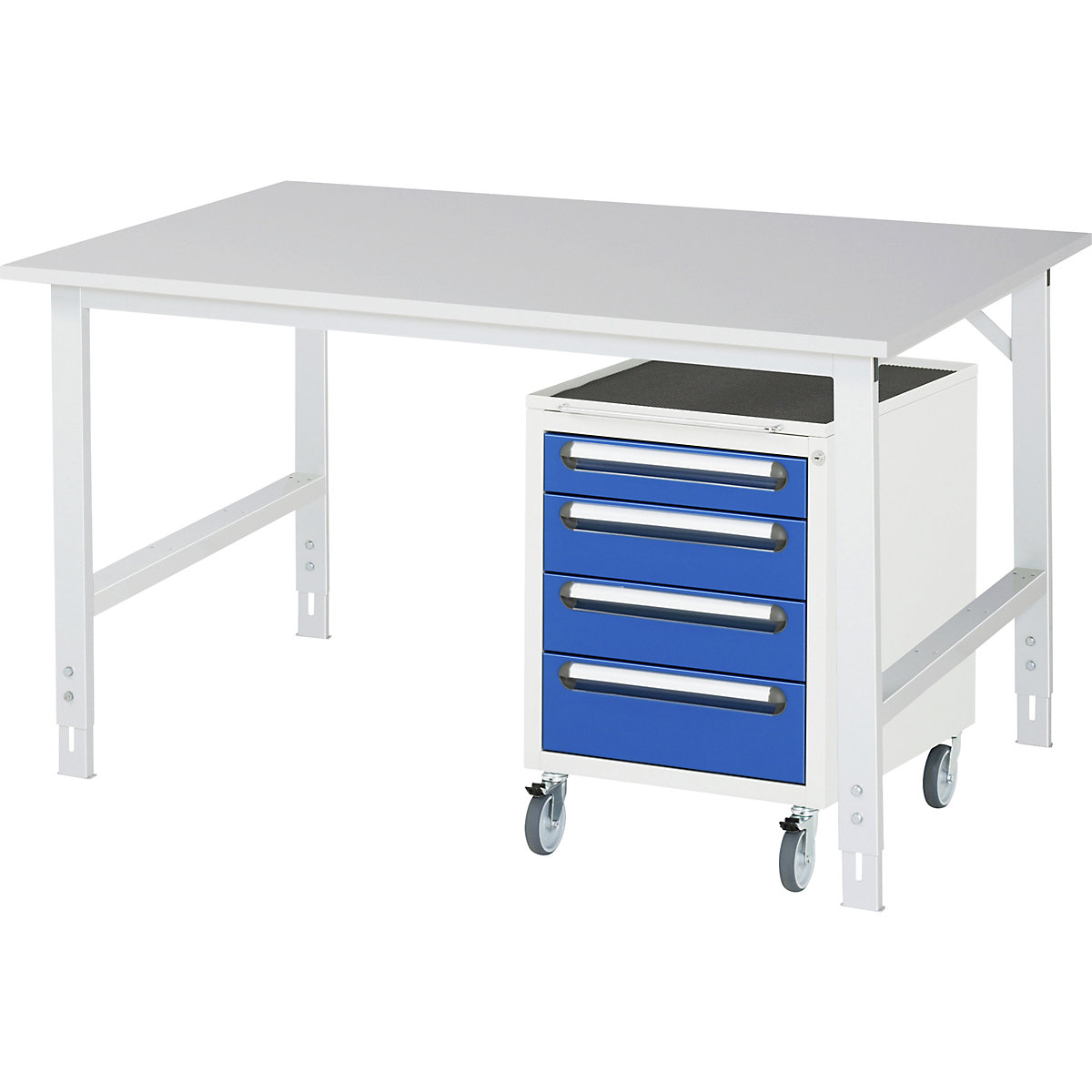 Mesa de trabalho com armário de gavetas, bloco de gavetas rolante com 4 gavetas 1 x 90, 2 x 120, 1 x 140 mm, LxP 1500 x 1000 mm, tampo em melamina, espessura 22 mm-0