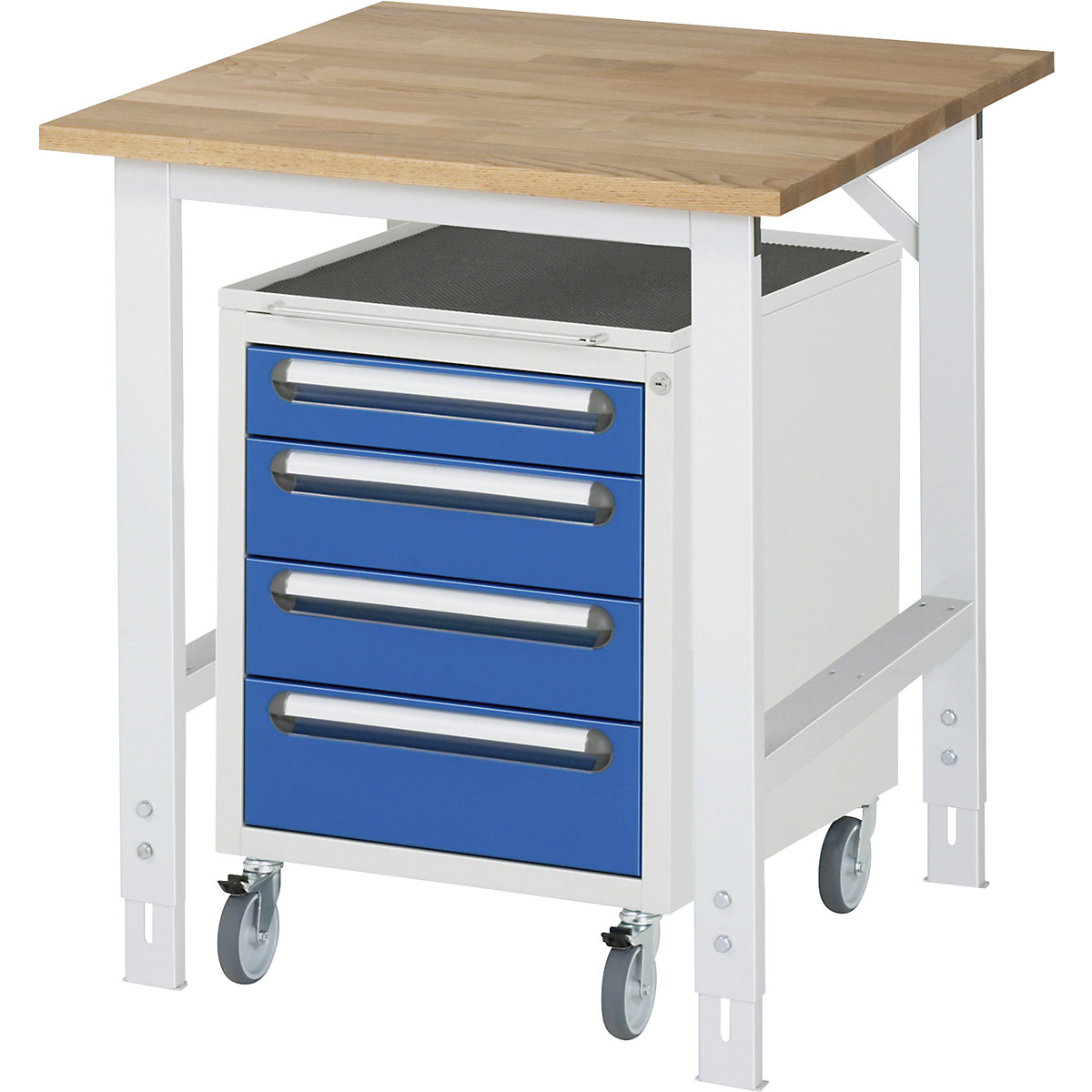 Mesa de trabalho com armário de gavetas, bloco de gavetas rolante com 4 gavetas 1 x 90, 2 x 120, 1 x 140 mm, LxP 750 x 800 mm, tampo de madeira maciça em faia, espessura 25 mm-0