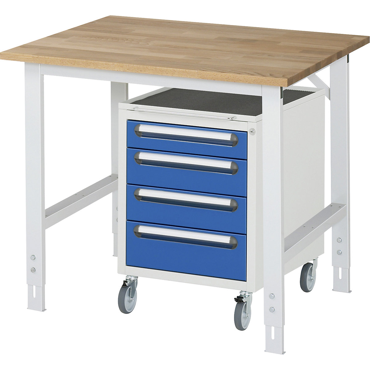 Mesa de trabalho com armário de gavetas, bloco de gavetas rolante com 4 gavetas 1 x 90, 2 x 120, 1 x 140 mm, LxP 1000 x 800 mm, tampo de madeira maciça em faia, espessura 25 mm-0