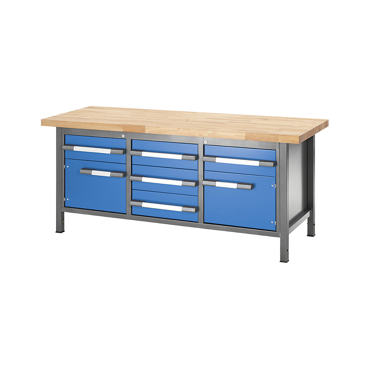 Banco da lavoro regolabile in altezza, struttura modulare – eurokraft pro, 5 cassetti, 2 ante a battente, larghezza 2000 mm, antracite / blu-0