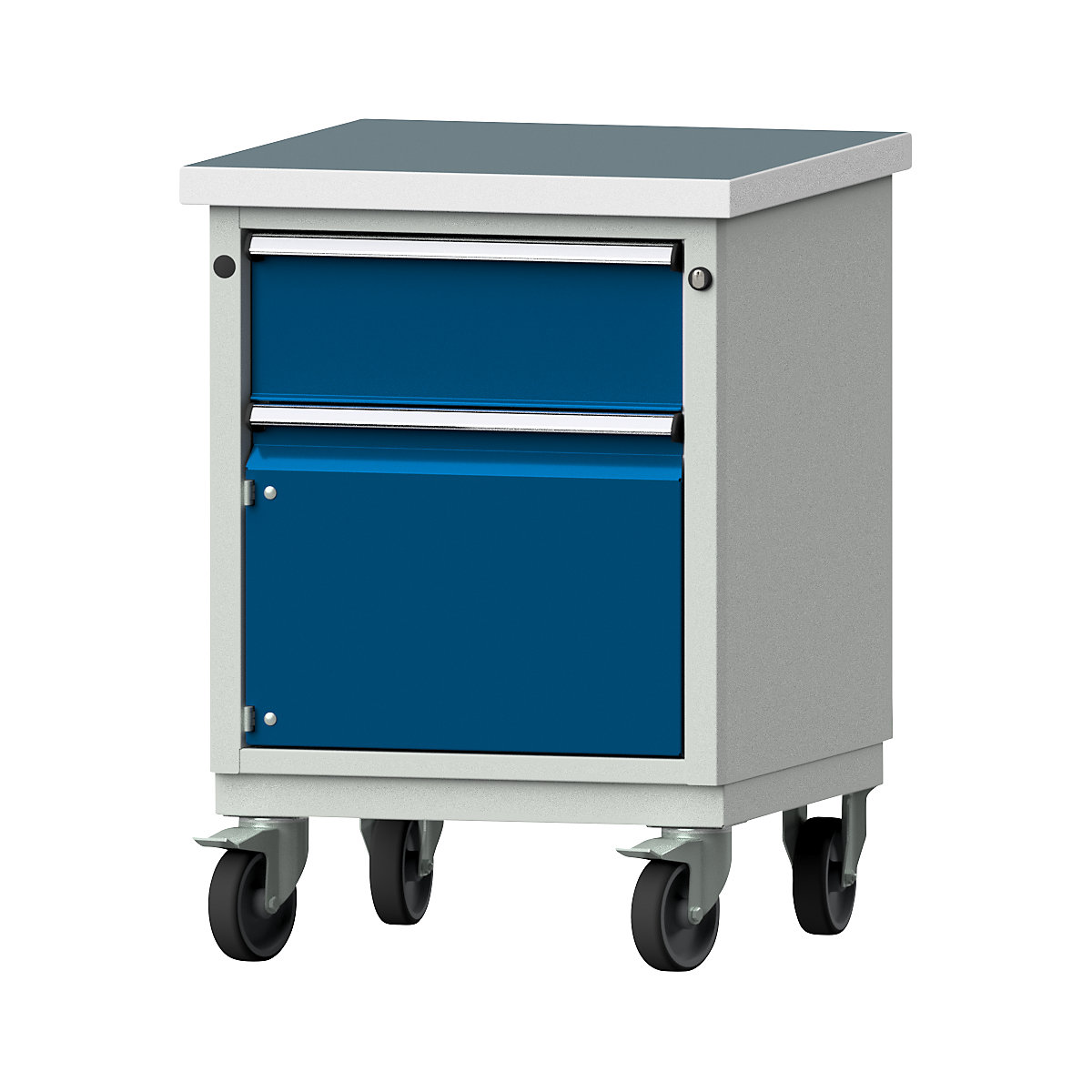 Bancho da lavoro compatto – ANKE, largh. x prof. 605 x 650 mm, 1 cassetto, 1 armadietto, con rotelle, piano universale-0