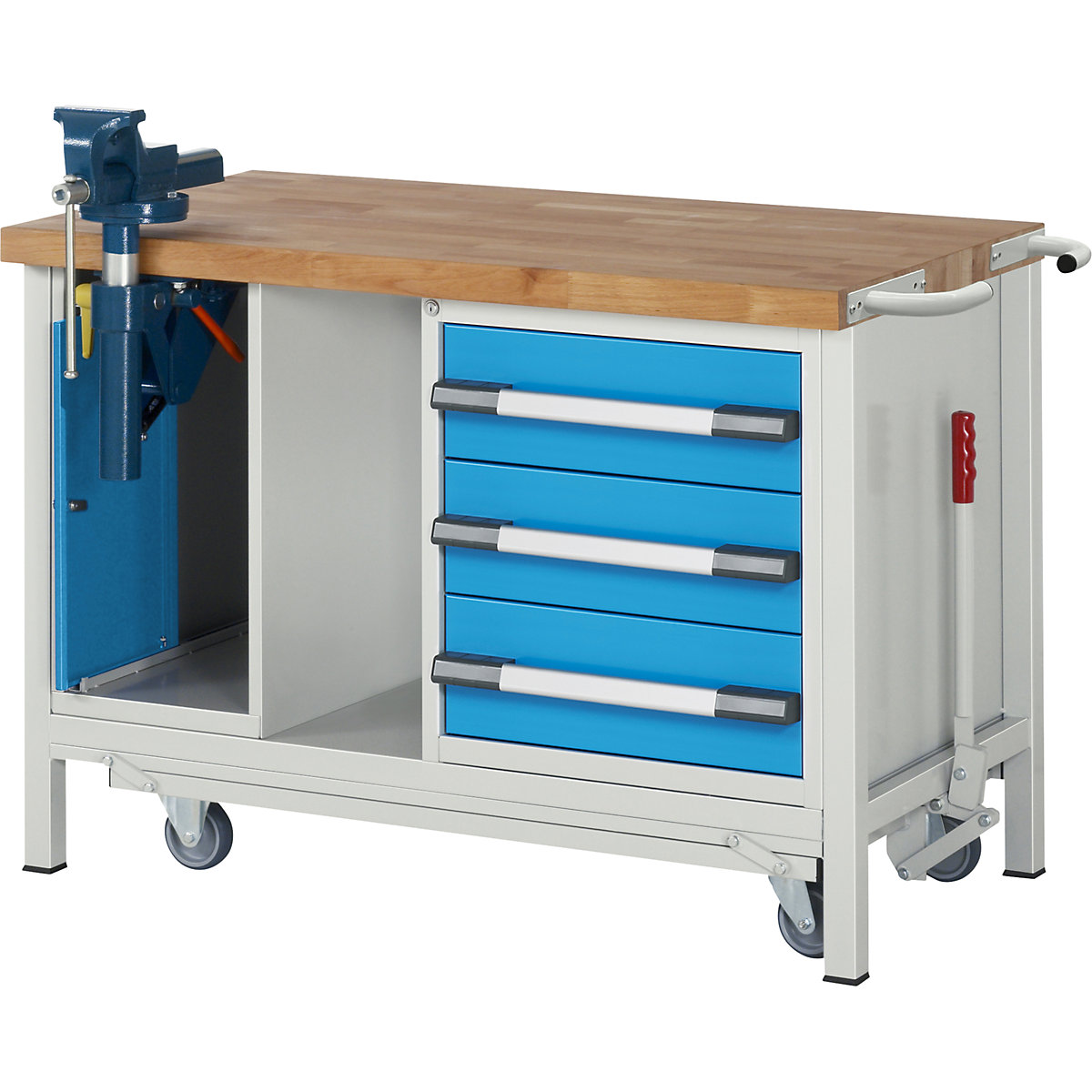 Banco da lavoro mobile abbassabile, struttura a telaio Serie 8000 – eurokraft pro, 3 cassetti, morsa a vite e lift ribaltabile, largh. x prof. 1250 x 700 mm-0