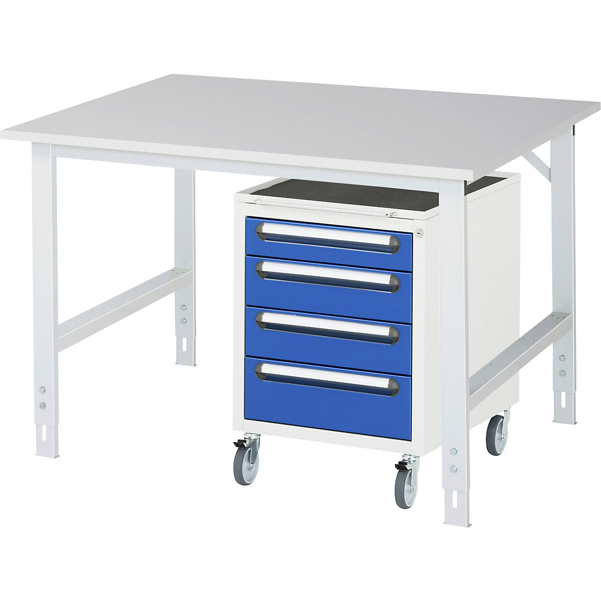 Banco da lavoro con cassettiera, cassettiera con rotelle con 4 cassetti 1 x 90, 2 x 120, 1 x 140 mm, largh. x prof. 1250 x 1000 mm, piano in melammina, spessore 22 mm-0