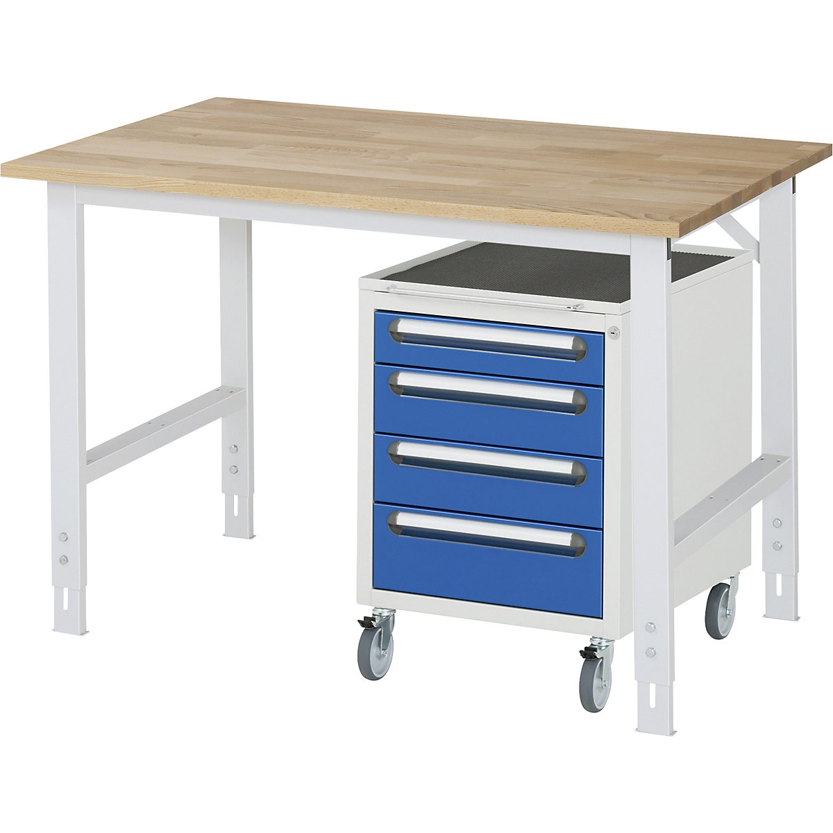 Banco da lavoro con cassettiera, cassettiera con rotelle con 4 cassetti 1 x 90, 2 x 120, 1 x 140 mm, largh. x prof. 1250 x 800 mm, piano in faggio, spessore 25 mm-0