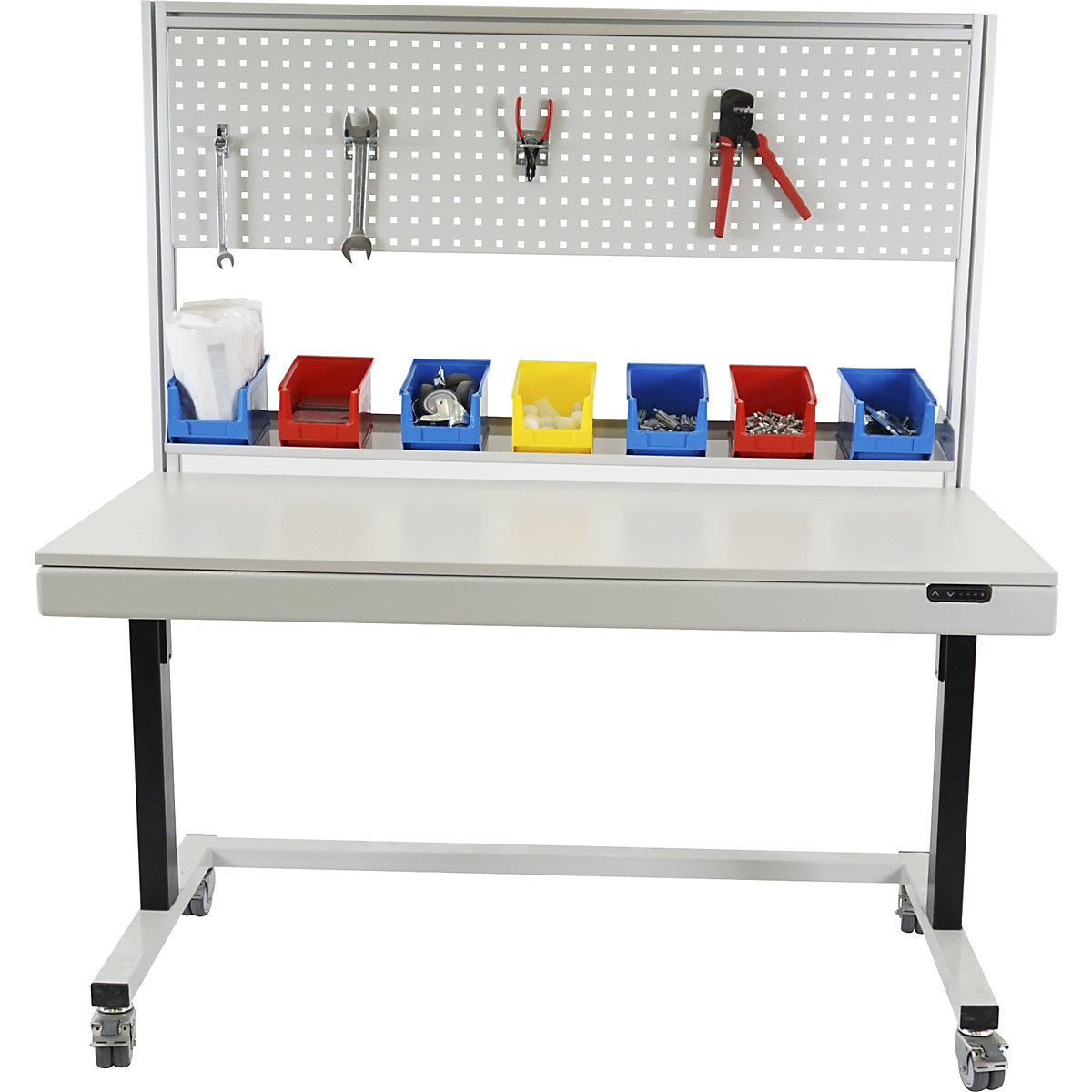 Mesa de trabajo con panel perforado, de altura regulable eléctricamente – eurokraft pro (Imagen del producto 2)-1