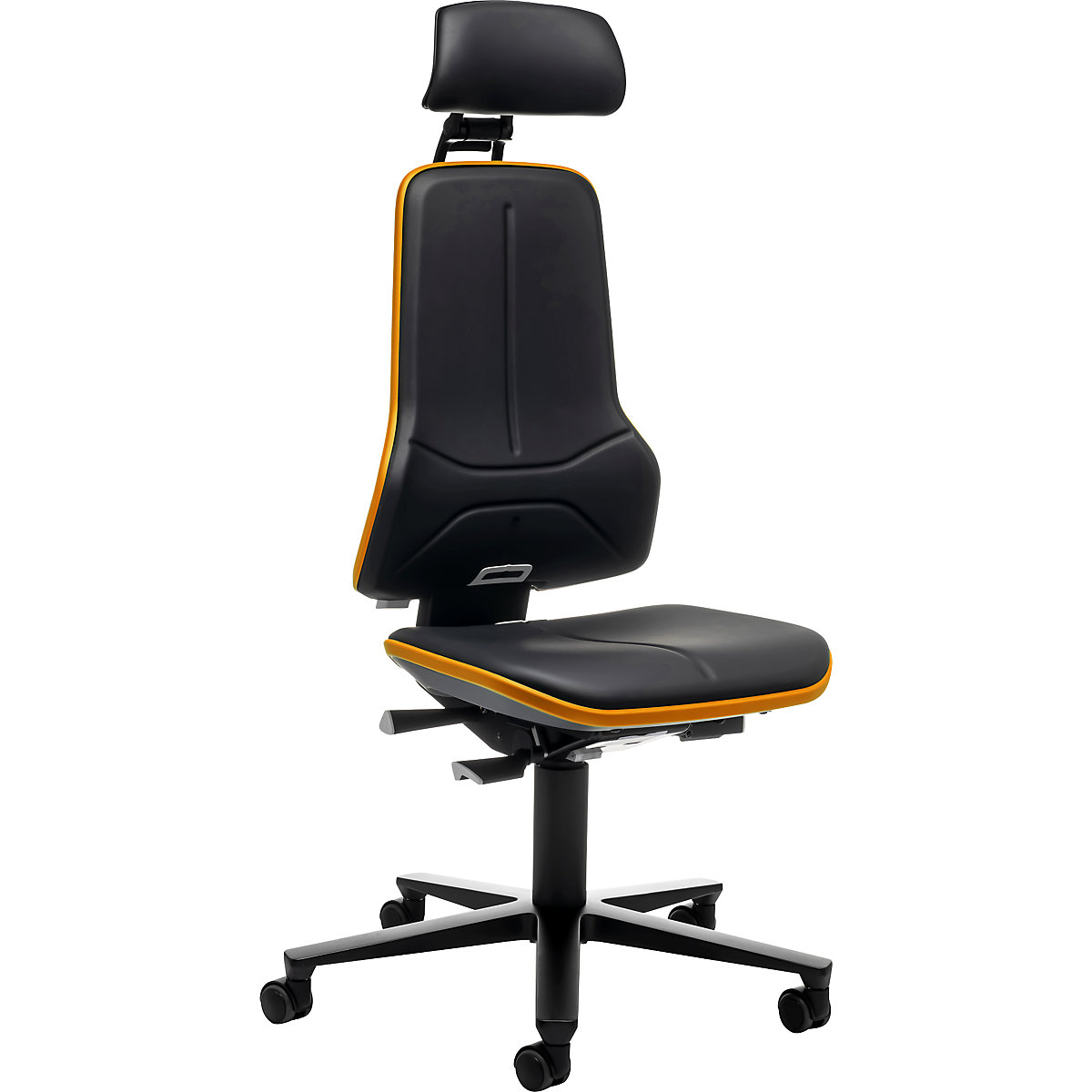NEON Arbeitsdrehstuhl, Rollen, Kopfstütze bimos, Synchronmechanik, Kunstleder, Flexband orange-1