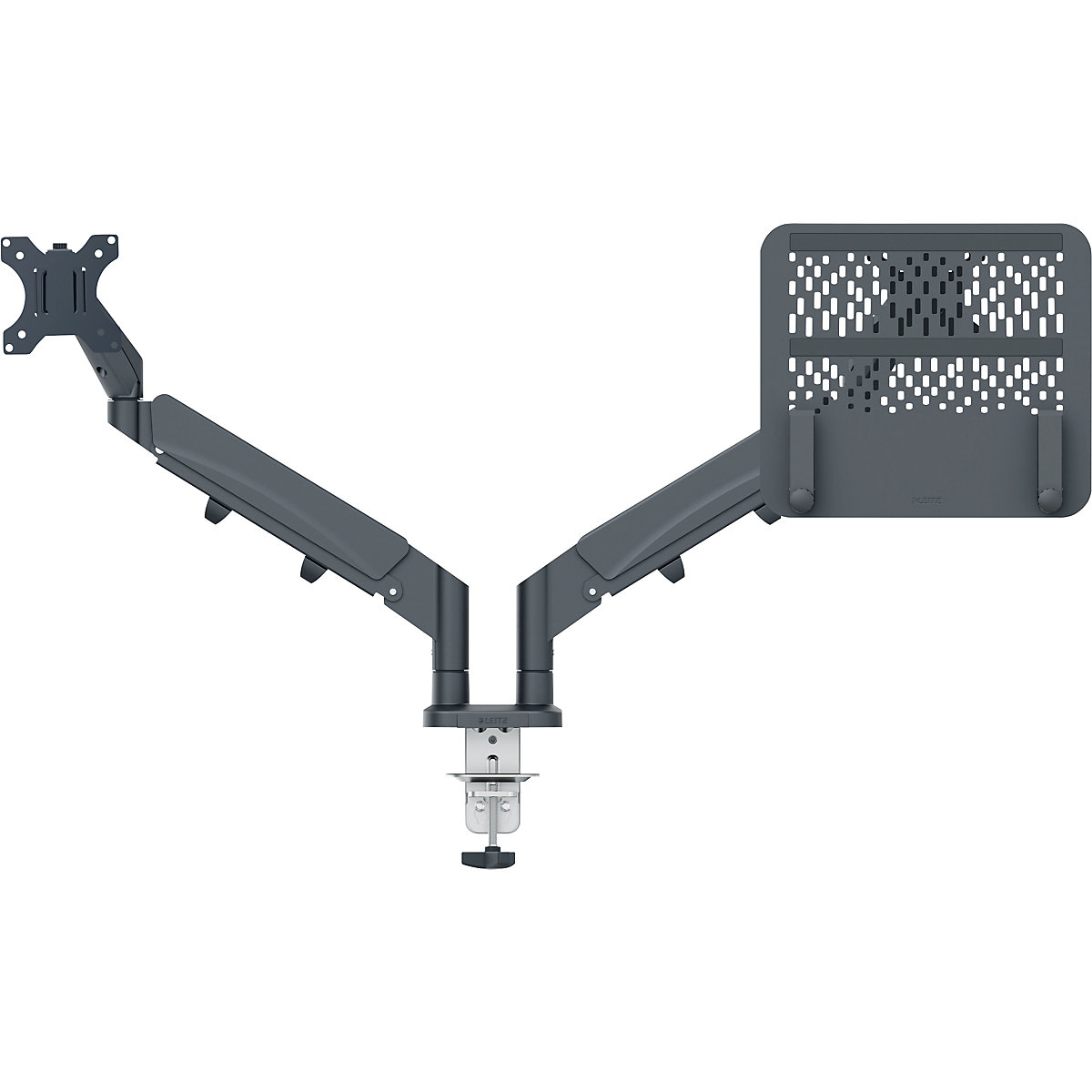 Ergo Platzsparender Dual Monitorarm mit Laptophalterung Leitz