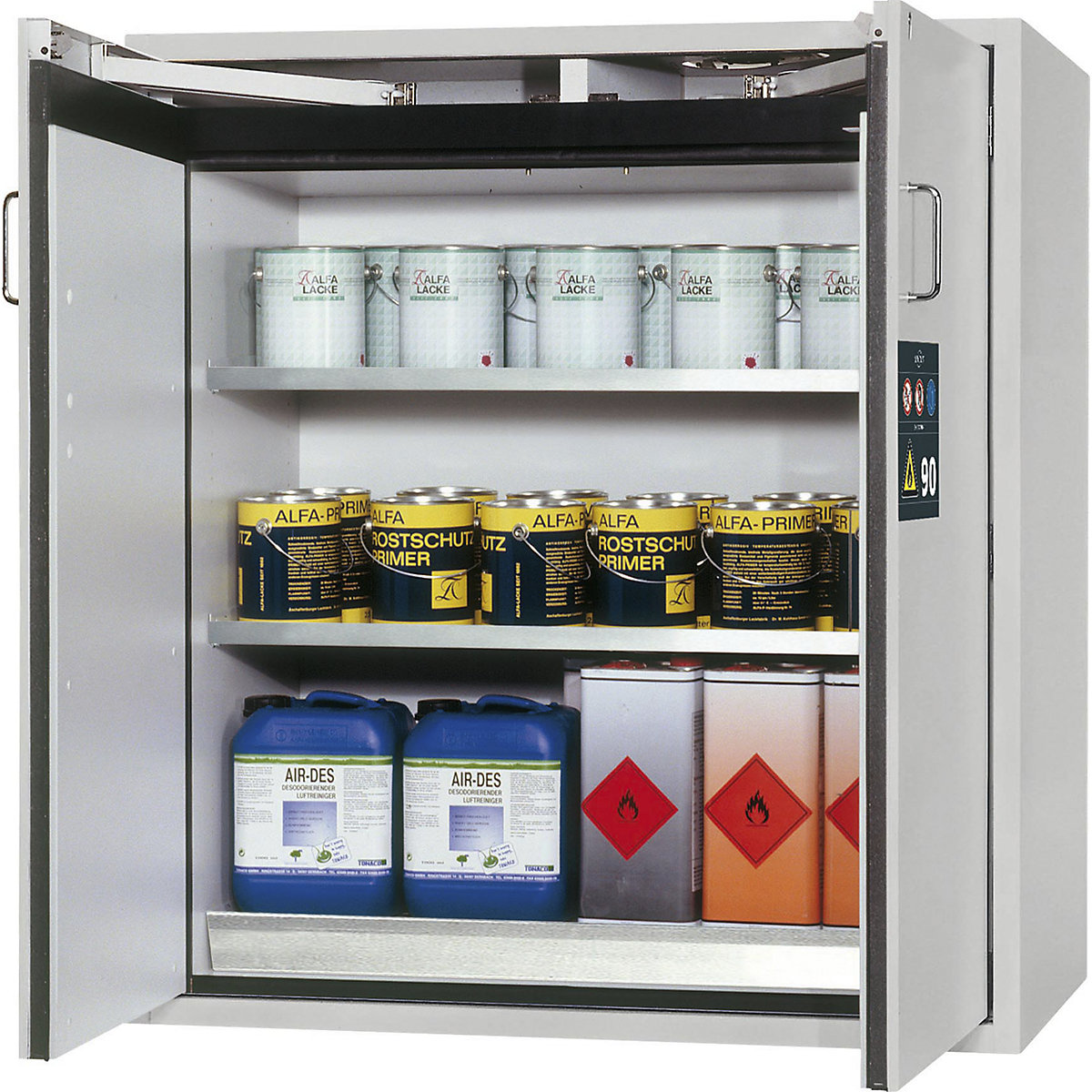 Feuerbeständiger Gefahrstoffschrank Typ 90 asecos, 2-türig, Außen-HxBxT 1298 x 1200 x 615 mm, grau, Edelstahl-13