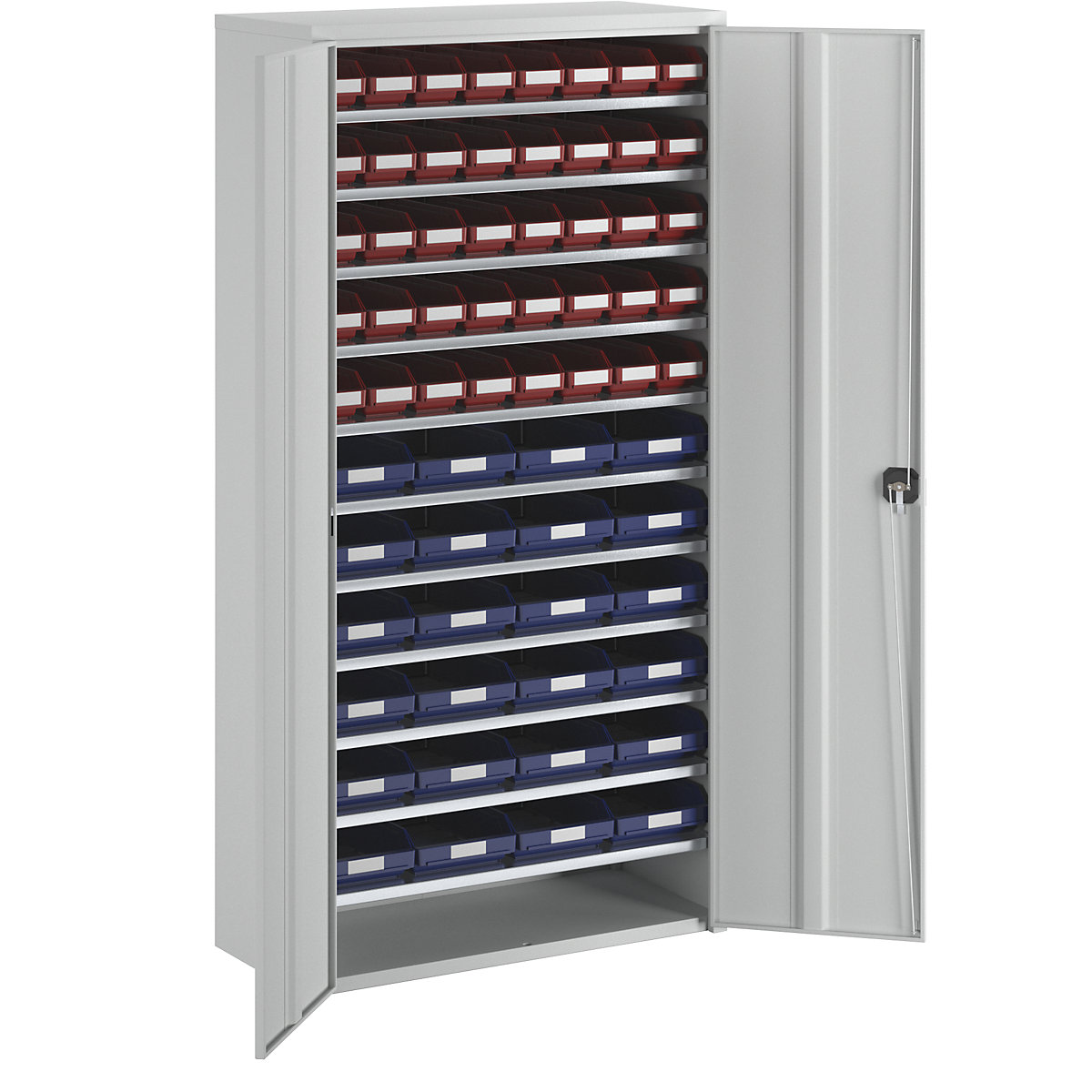 Magazinschrank STEMO, HxBxT 1970 x 1000 x 450 mm, mit Regalkästen, 40 Kästen rot, 24 Kästen blau-3